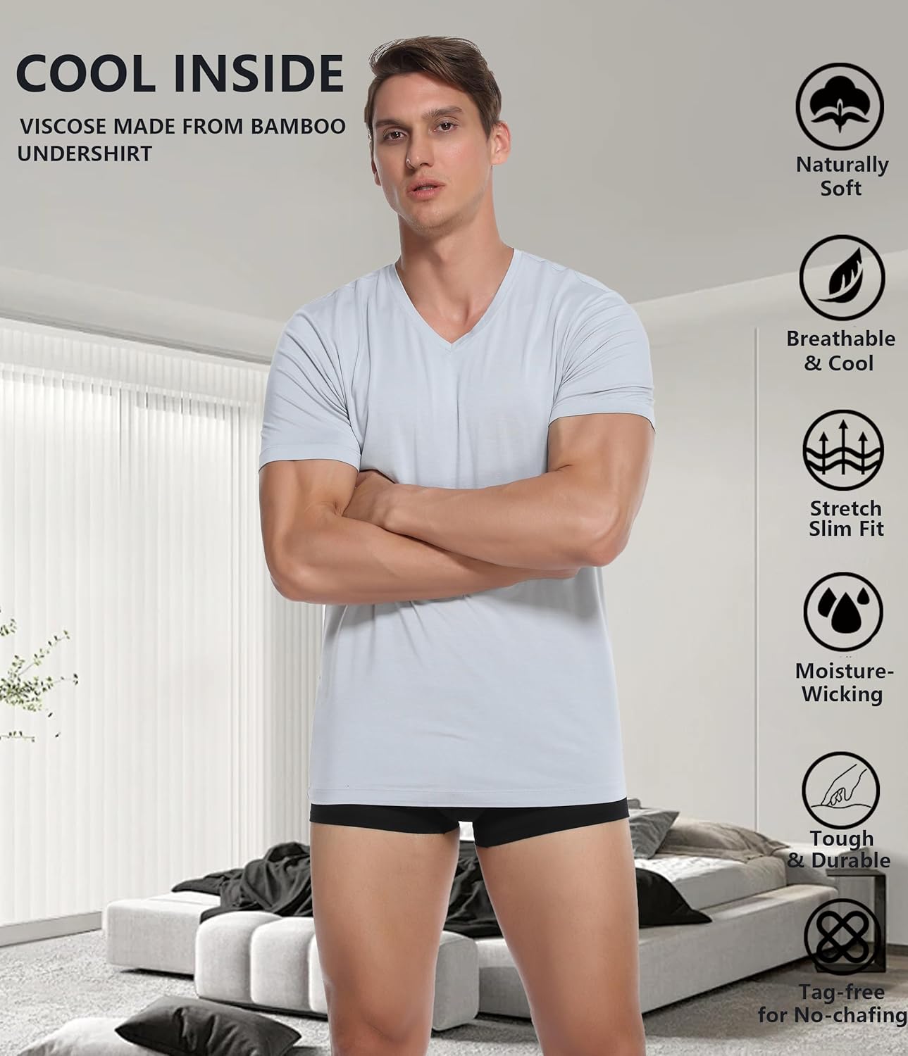 CF Men's Undershirts Rayon V Neck Shirts for Men Moisture Wicking T-Shirt Cooling Tee Shirts 3/5 Pack