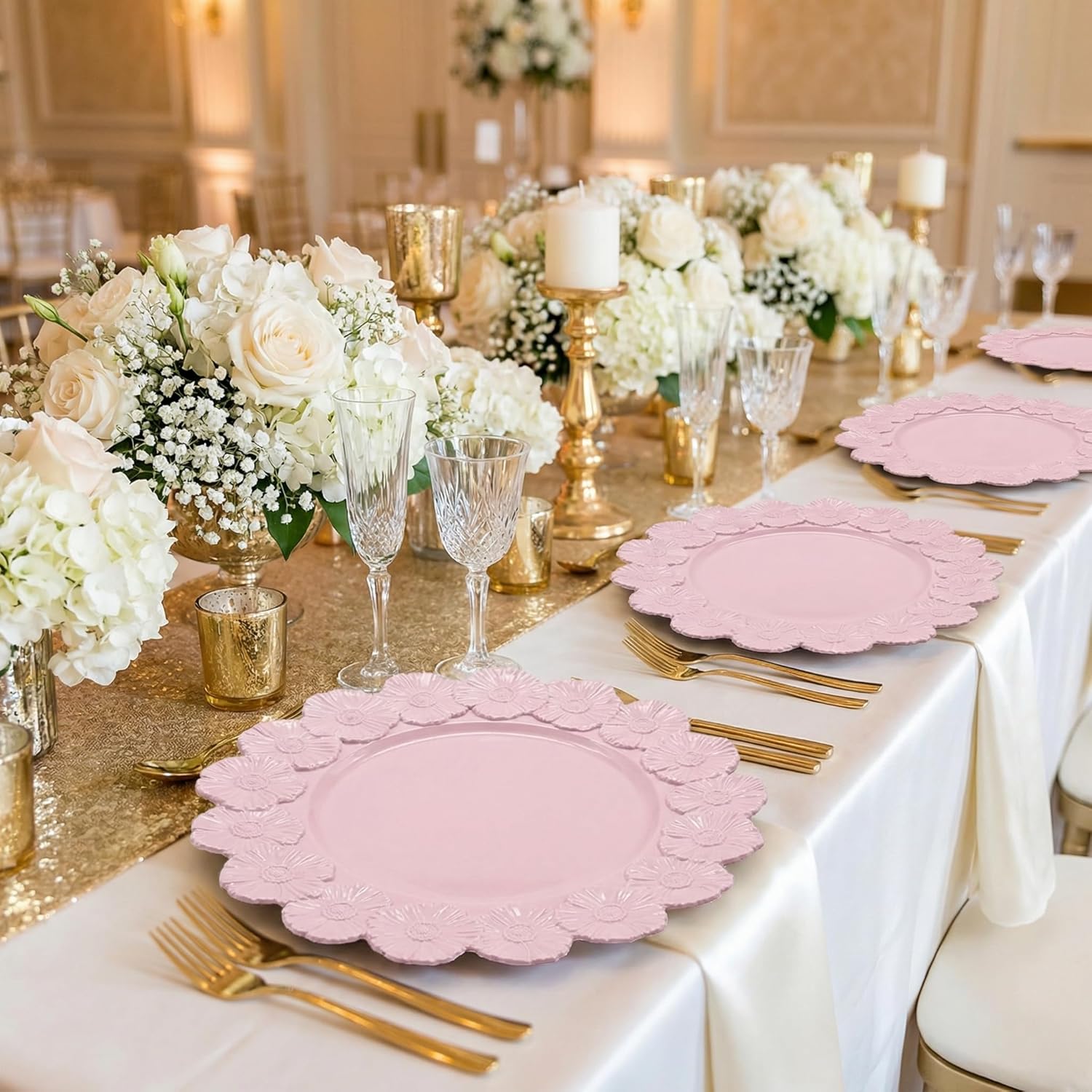Pink Charger Plates with Flower Rim, 13" Round Charger for Dinner Plates, Set of 6 Plastic Plate Chargers for Wedding, Table Setting