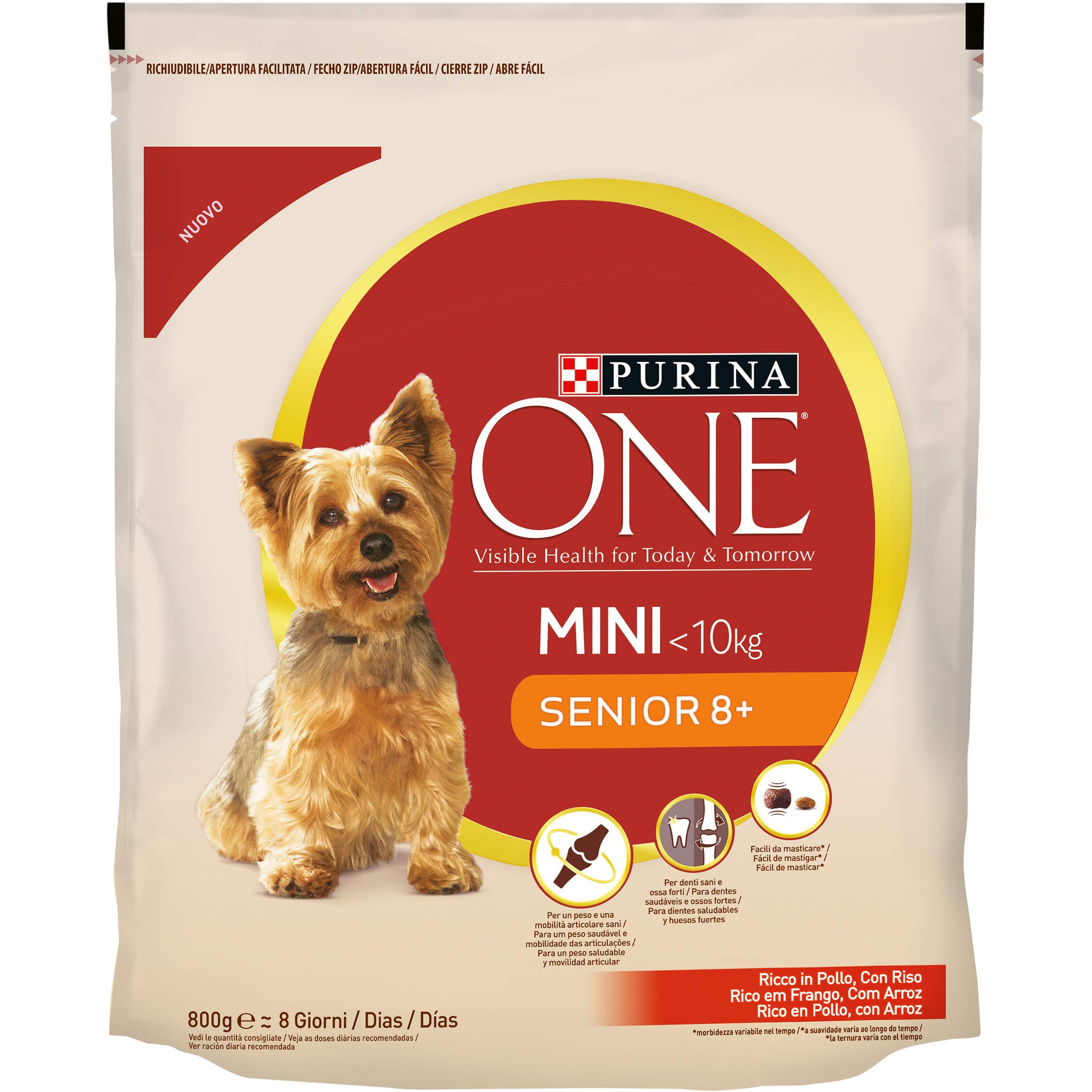 Purina One Mini Senior 8+ Croquetas para Perros Mayores de Menos de 10 kg de tamaño pequeño, Rico en Pollo con arroz, 8 Paquetes de 800 g