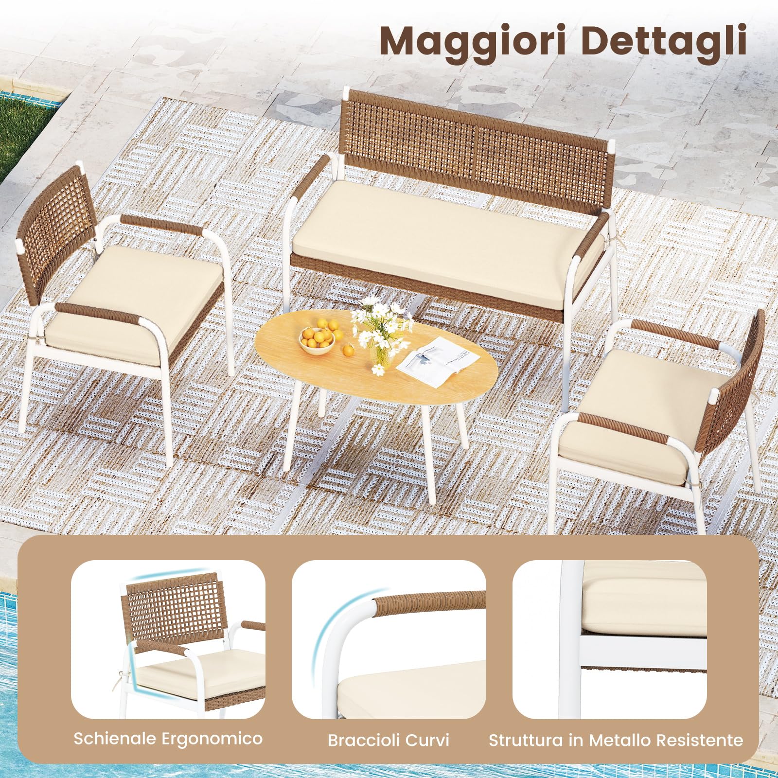 COSTWAY Set Salotto da Giardino 4 Pezzi, Divanetto in Rattan PE e 2 Poltrone con Cuscini Morbidi, Tavolo in Vetro Temperato, Set di Mobili da Esterno per Balcone, Veranda, Giardino e Cortile