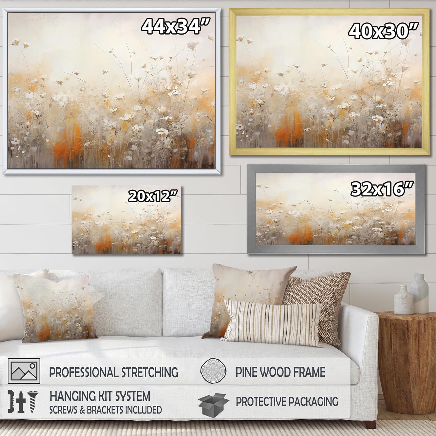 DesignQ Wildflowers Wall Art, Whispering Gardens Of Beige Wildflowers, Wildflowers Wall art decor, beige Canvas wall art, 20x12 inches