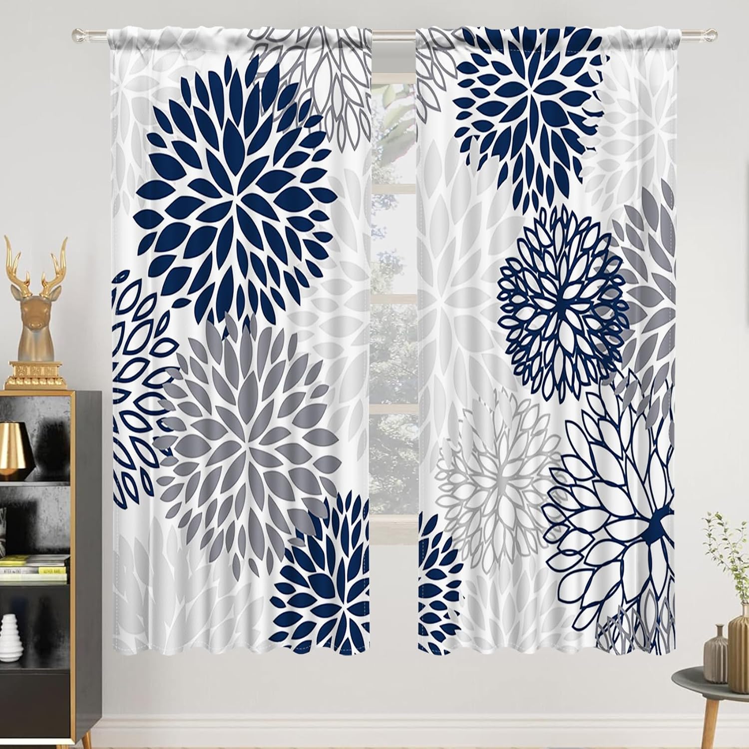 Renaiss 26 x 63 Inch Blue Navy Grey Floral Kitchen Curtains Camellia Chrysanthemum Printed Flowers Curtains Rod Pocket Back Tab Linen Small Bathroom Curtains Window Treatment Tiers Drapes 2 Panels