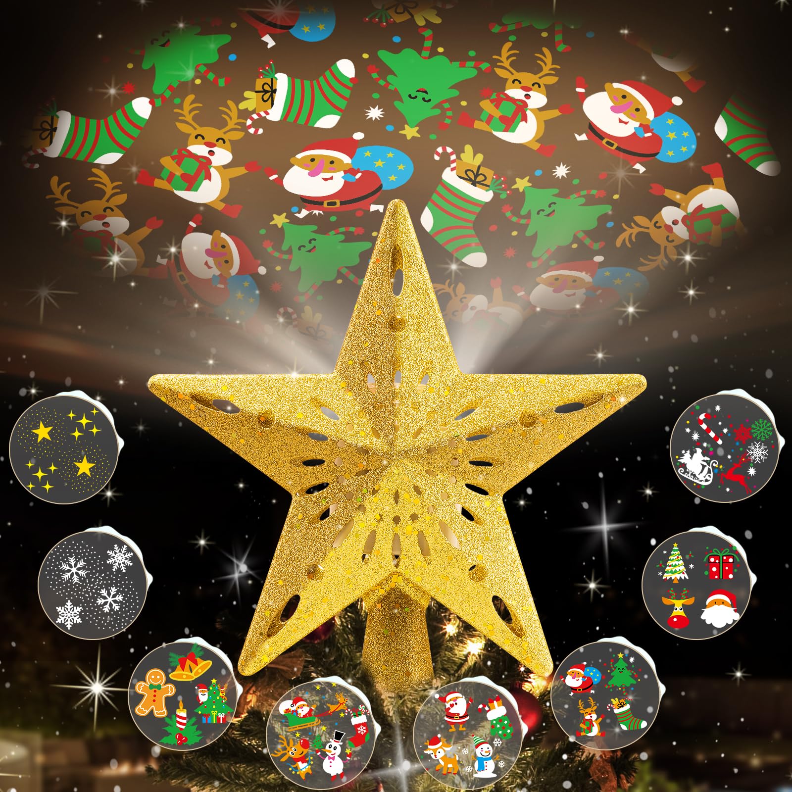 Christmas Tree Topper Lighted with 8 Projection Modes, Christmas Tree Star Topper Built-in LED Rotating Projector Lights, 3D Hollow Lighted Tree Topper Glitter Christmas Tree Decorations (Gold)