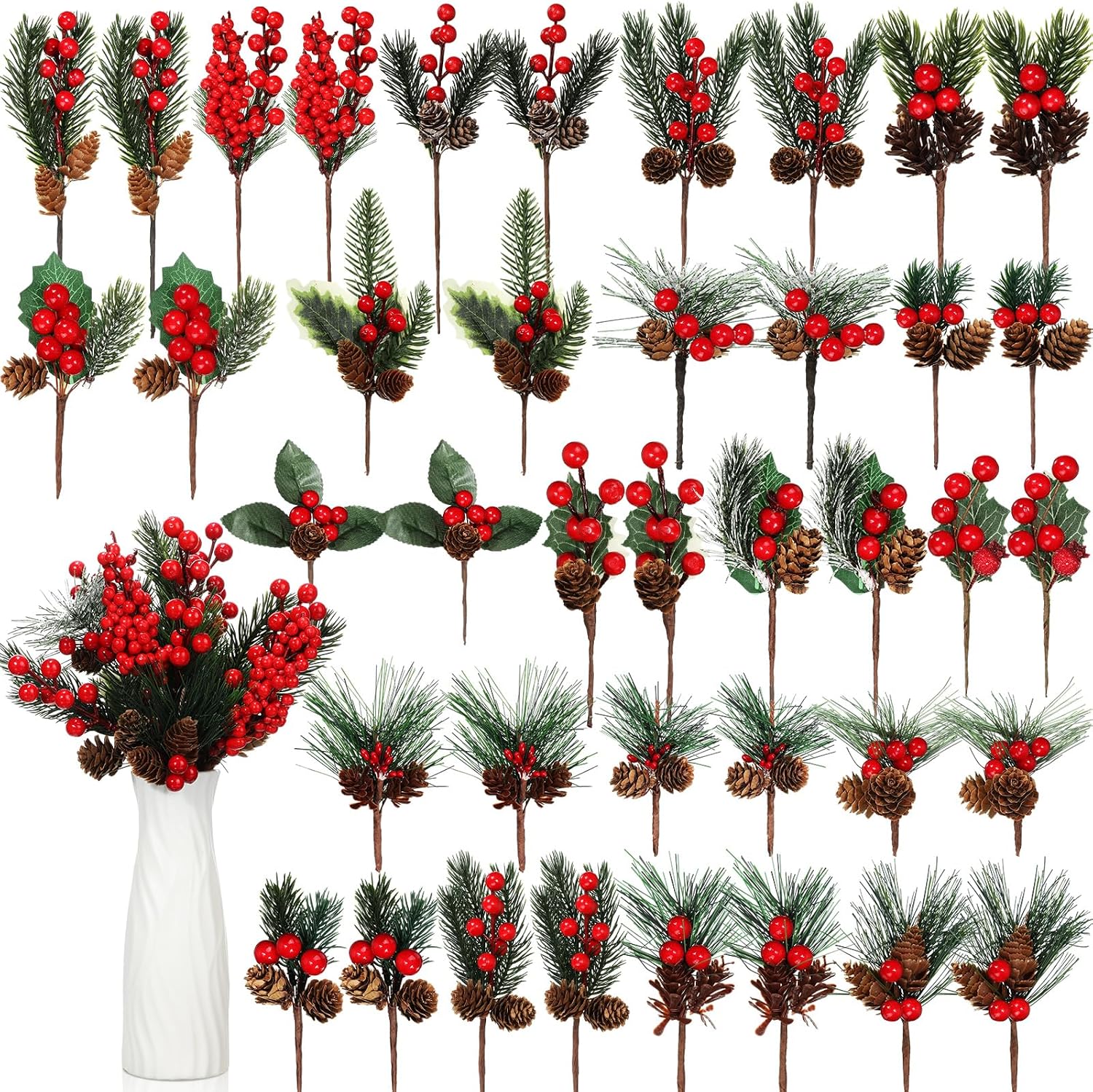 40 Pcs Artificial Christmas Picks Assorted Red Berry Picks Stem Faux Pine Picks and Sprays Christmas Floral Sprigs Fake Holly Stems for Crafts Wreath Garland Ornaments Decorations