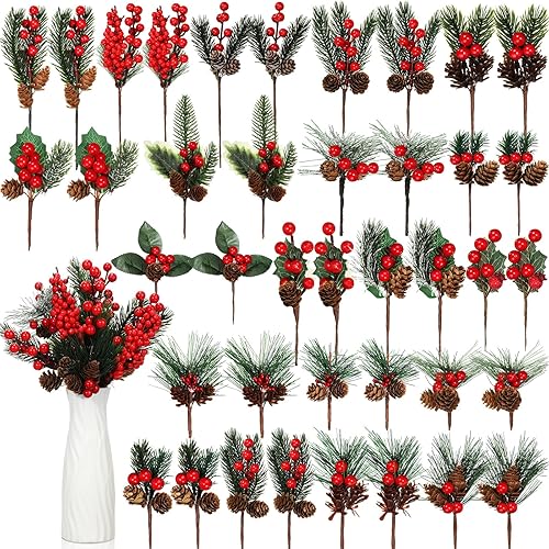 40 piezas de púas artificiales de Navidad surtidas de bayas rojas, tallos de pino sintético y aerosoles, ramitas florales de Navidad, tallos de