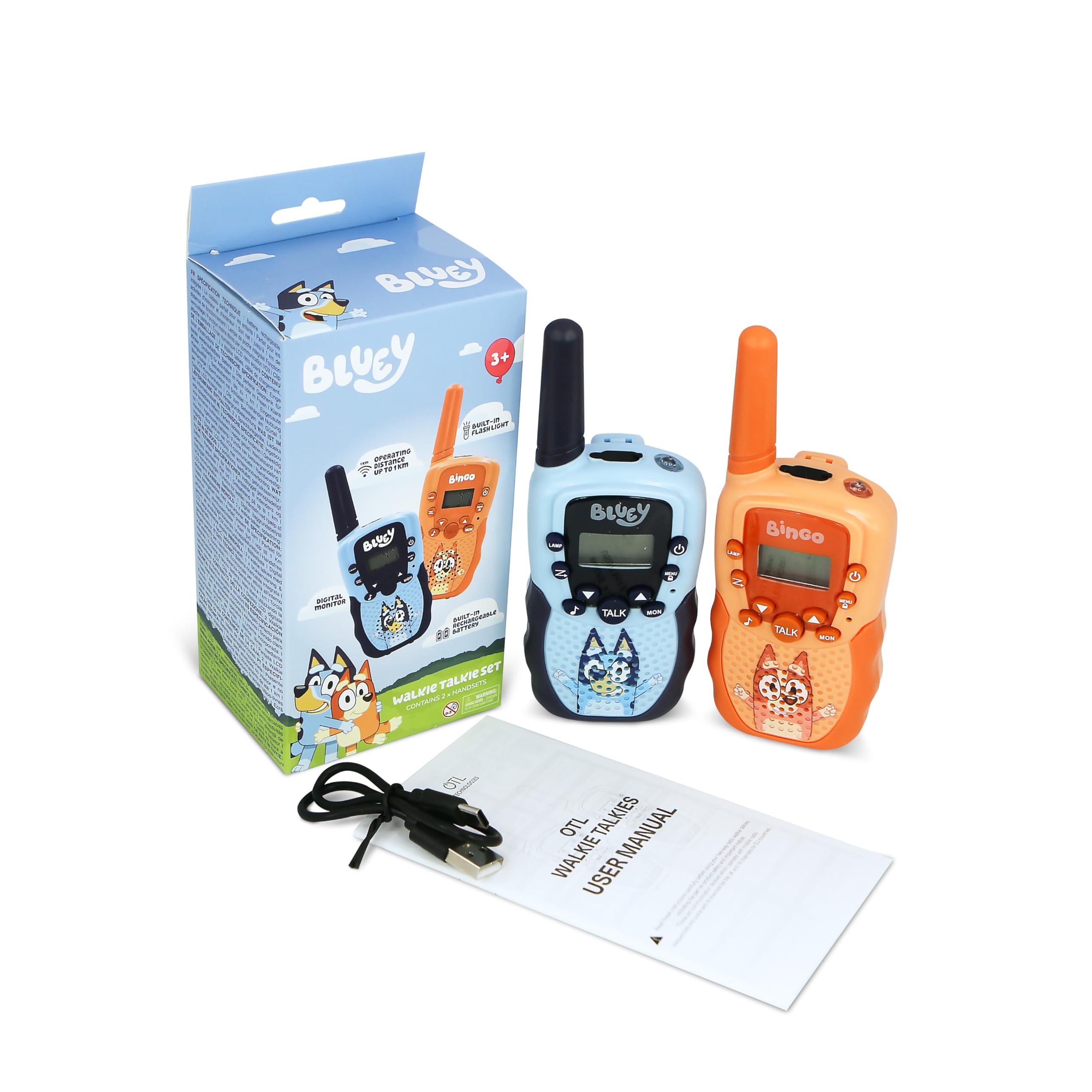 Walkie Talkies Infantiles Bluey con Batería Recargable Linterna y un Km de Distancia de Comunicación