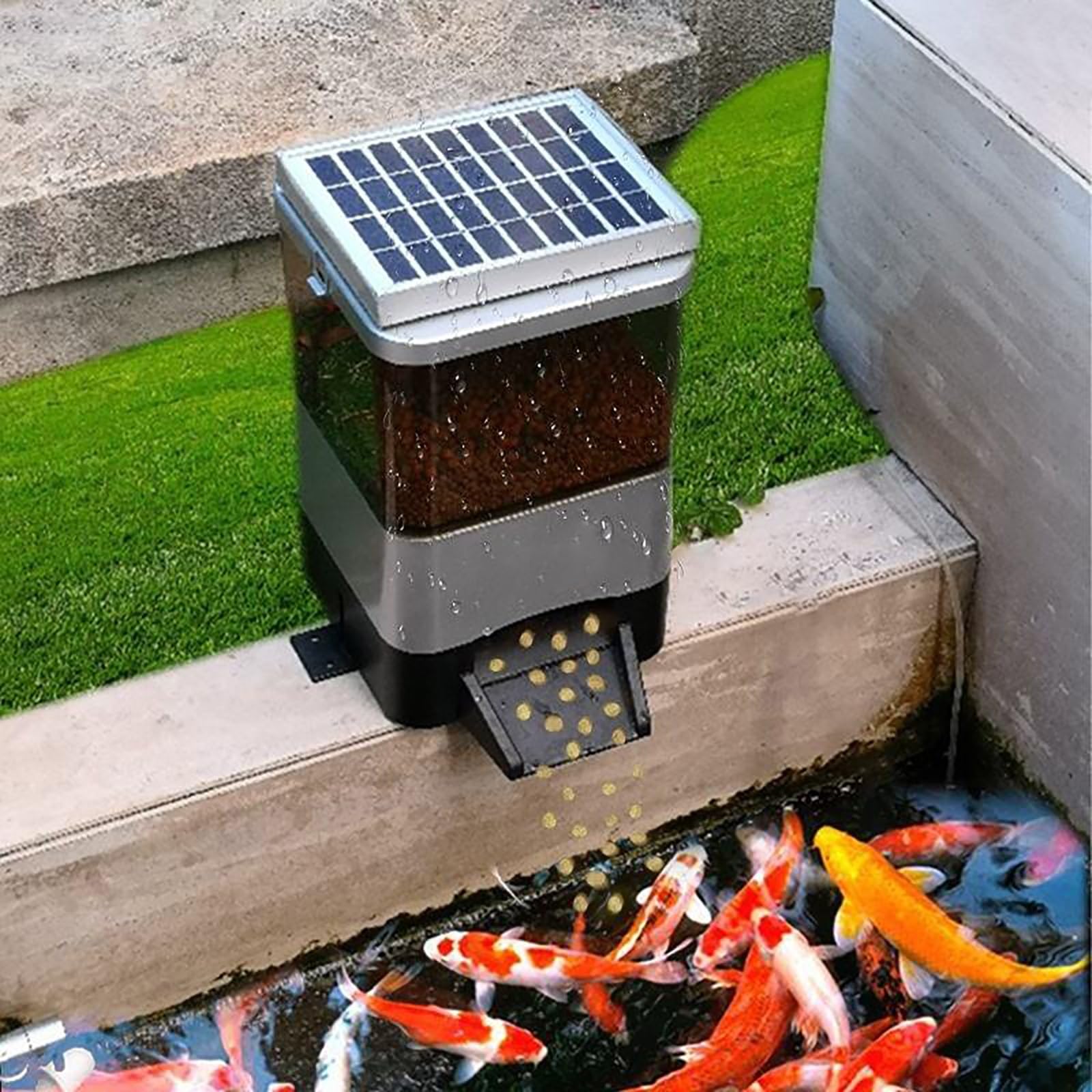 Automatyczny karmnik dla ryb, zasilany energią słoneczną, pojemność 4 l, akumulator i prąd zmienny czasowy do stawów wewnętrznych i zewnętrznych, konstrukcja odporna na zwierzęta