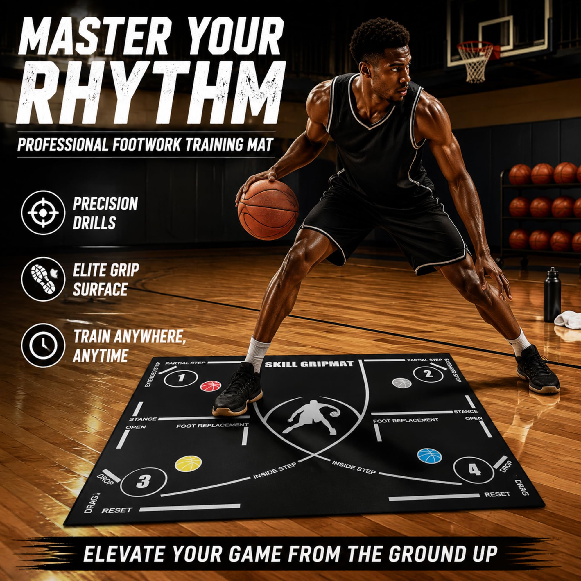 Basketball Trainingsmatte 120x80cm mit rutschfestem Gummiboden, vorgedruckte Übungsfelder für Indoor Outdoor Agilität Dribbling und Koordinationstraining Kinder bis Erwachsene Schwarz