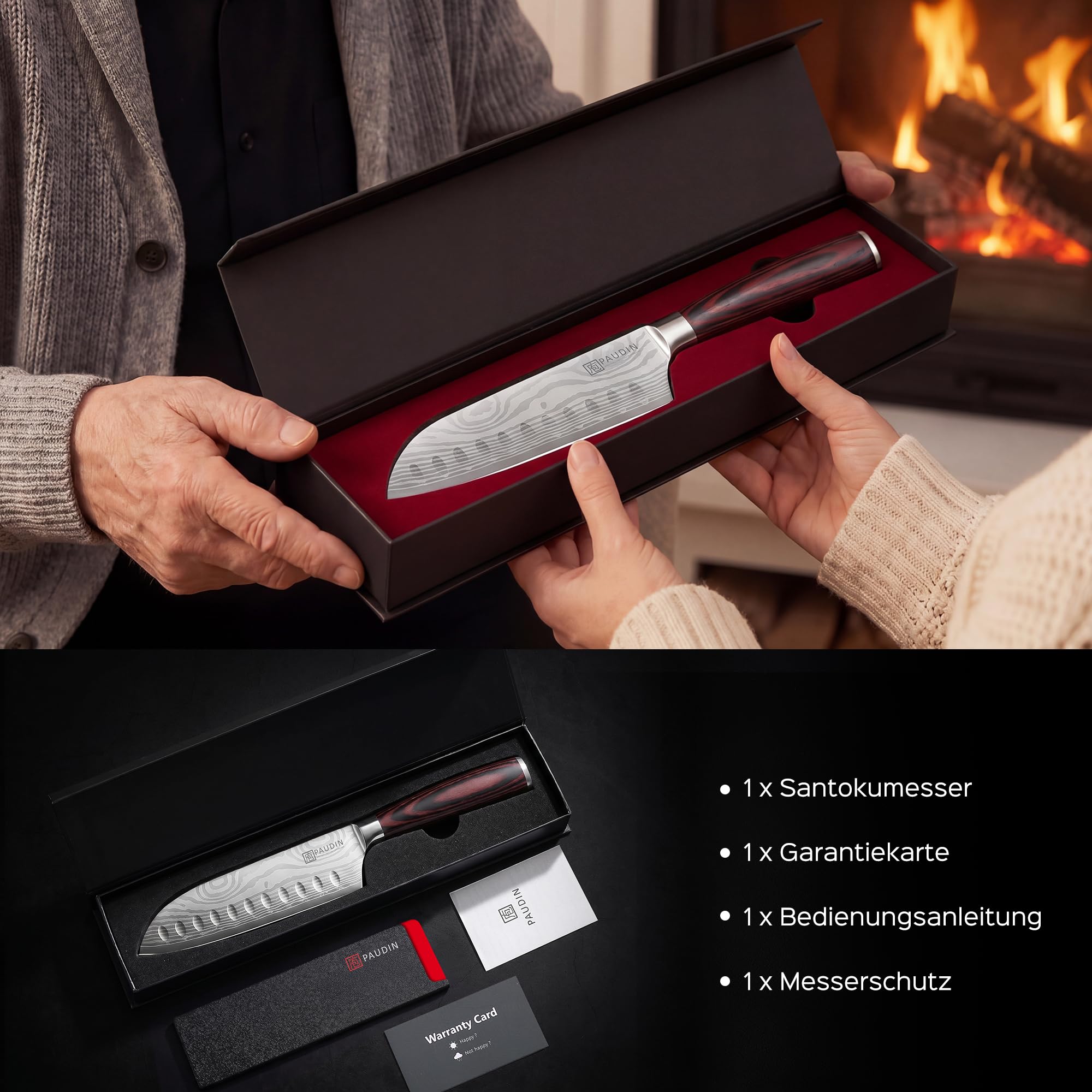 PAUDIN Coltello Santoku da 13 cm, coltello da cucina giapponese in acciaio inossidabile ad alto tenore di carbonio, ergonomico e versatile per carne, verdura e frutta