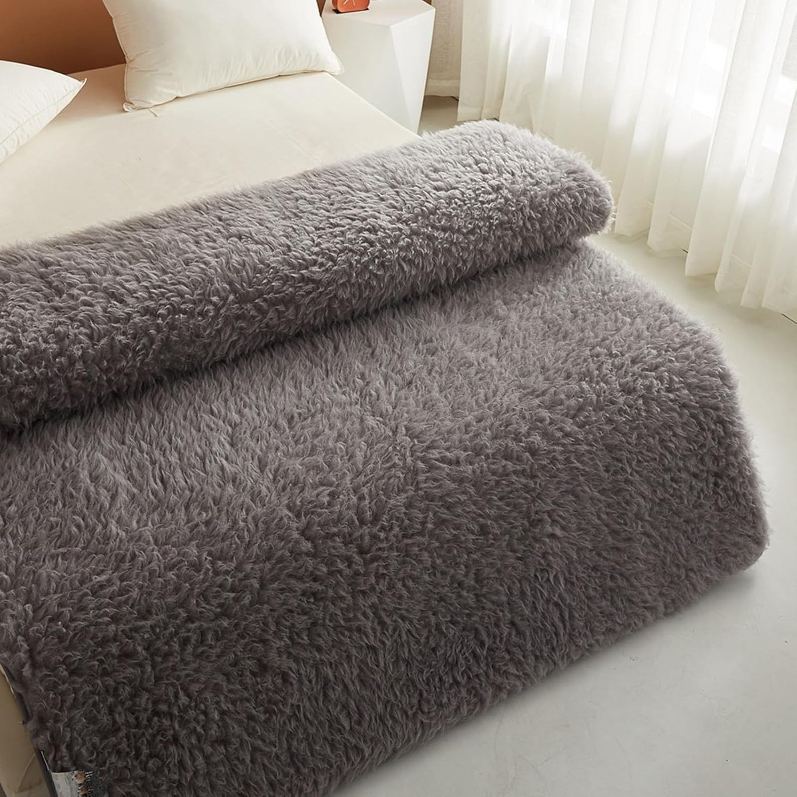 Fleece Mattress Cover Pad with Straps - Breathable Lamb Folding Mattress Protector Pure Bed Topper Pure White Mattress,Gray,King:200x220cm
