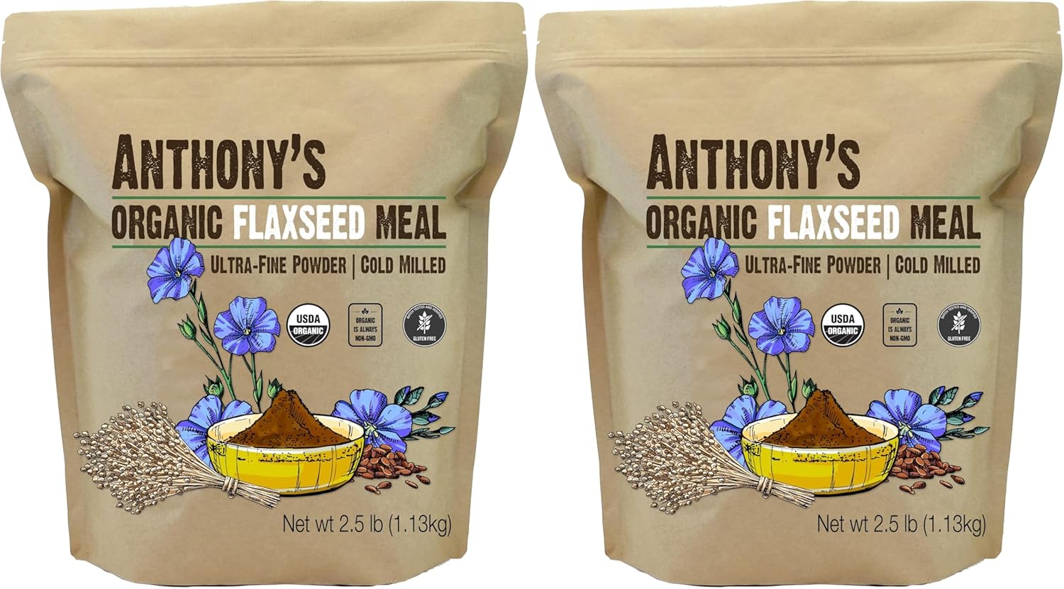 Anthony's Organic Flaxseed Meal, 2.5 lb, Gluten Free, Ground Ultra Fine Powder, Cold Milled, Keto Friendly (Pack of 2)