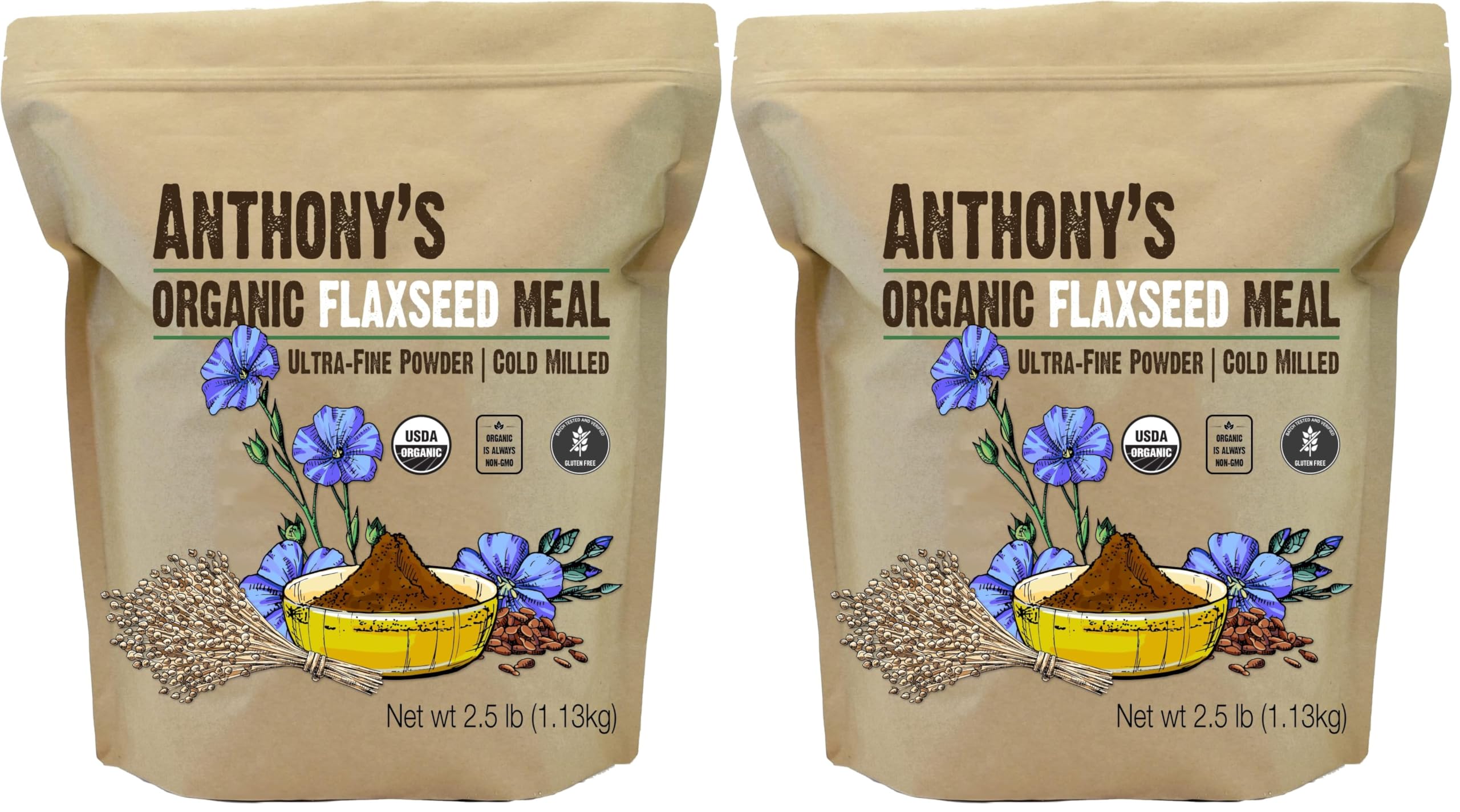 Anthony's Organic Flaxseed Meal, 2.5 lb, Gluten Free, Ground Ultra Fine Powder, Cold Milled, Keto Friendly (Pack of 2)