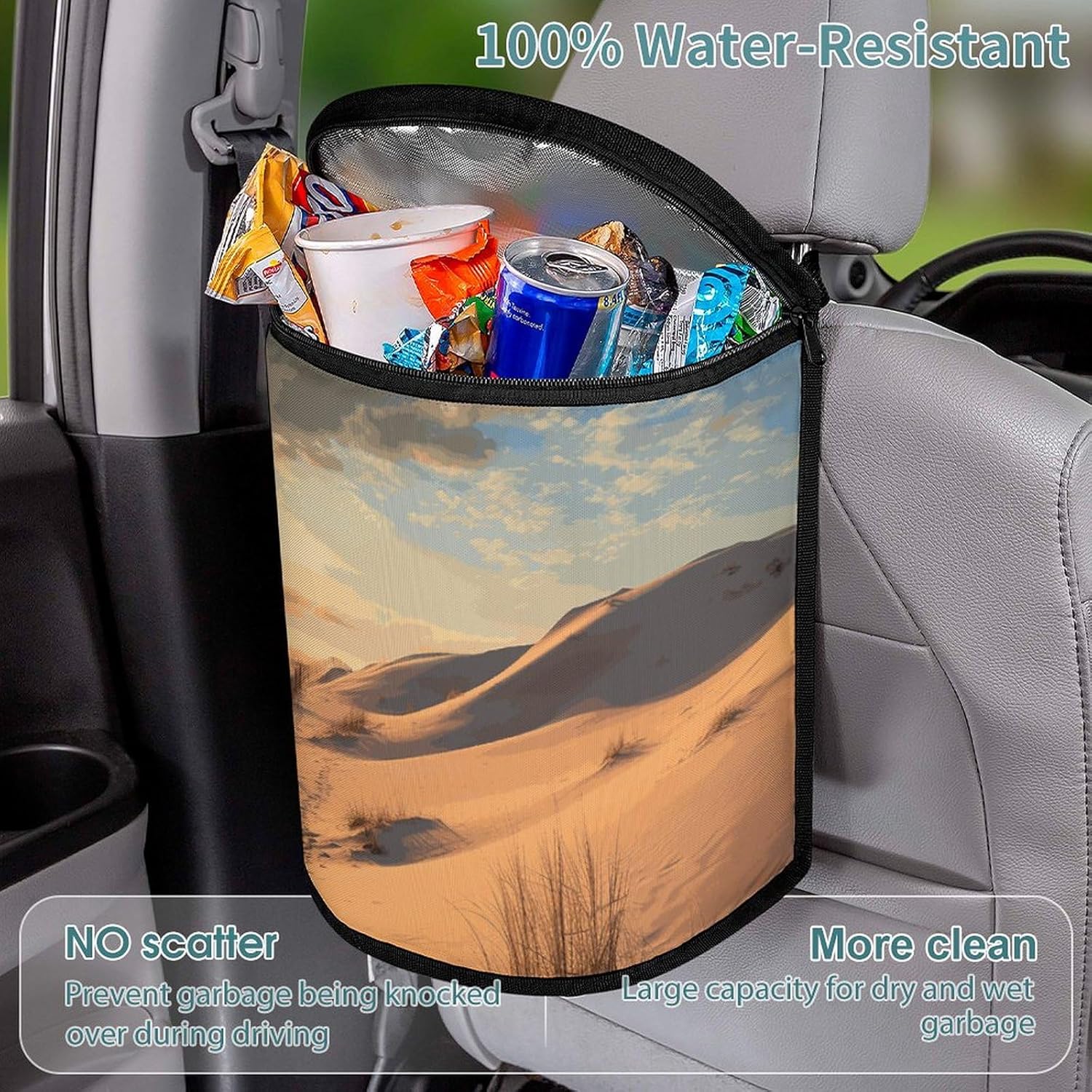 Hanging Car Trash Bag Protable Trash Can Sand Dunes Waterproof Garbage Bin for Car