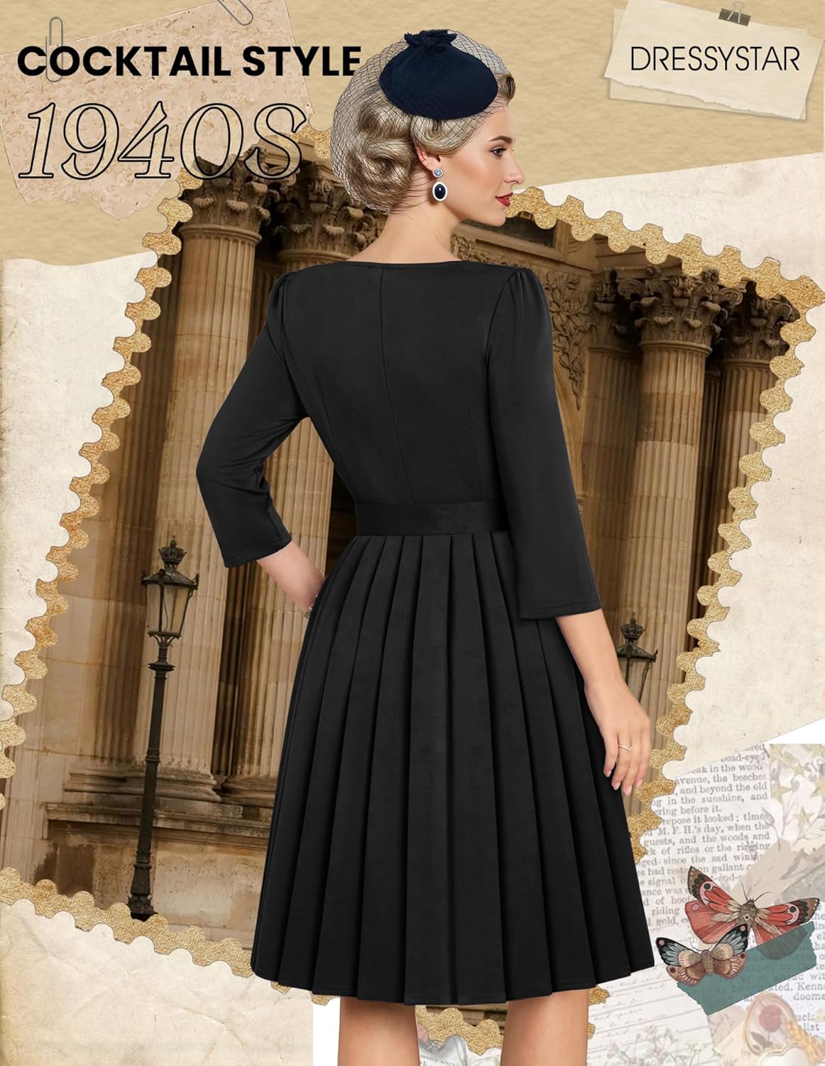 Dressystar Women's 1950s Vintage Long Sleeve Cocktail Party Dress Retro V Neck Belted Midi Rockabilly Prom Dresses Black L - Image 3