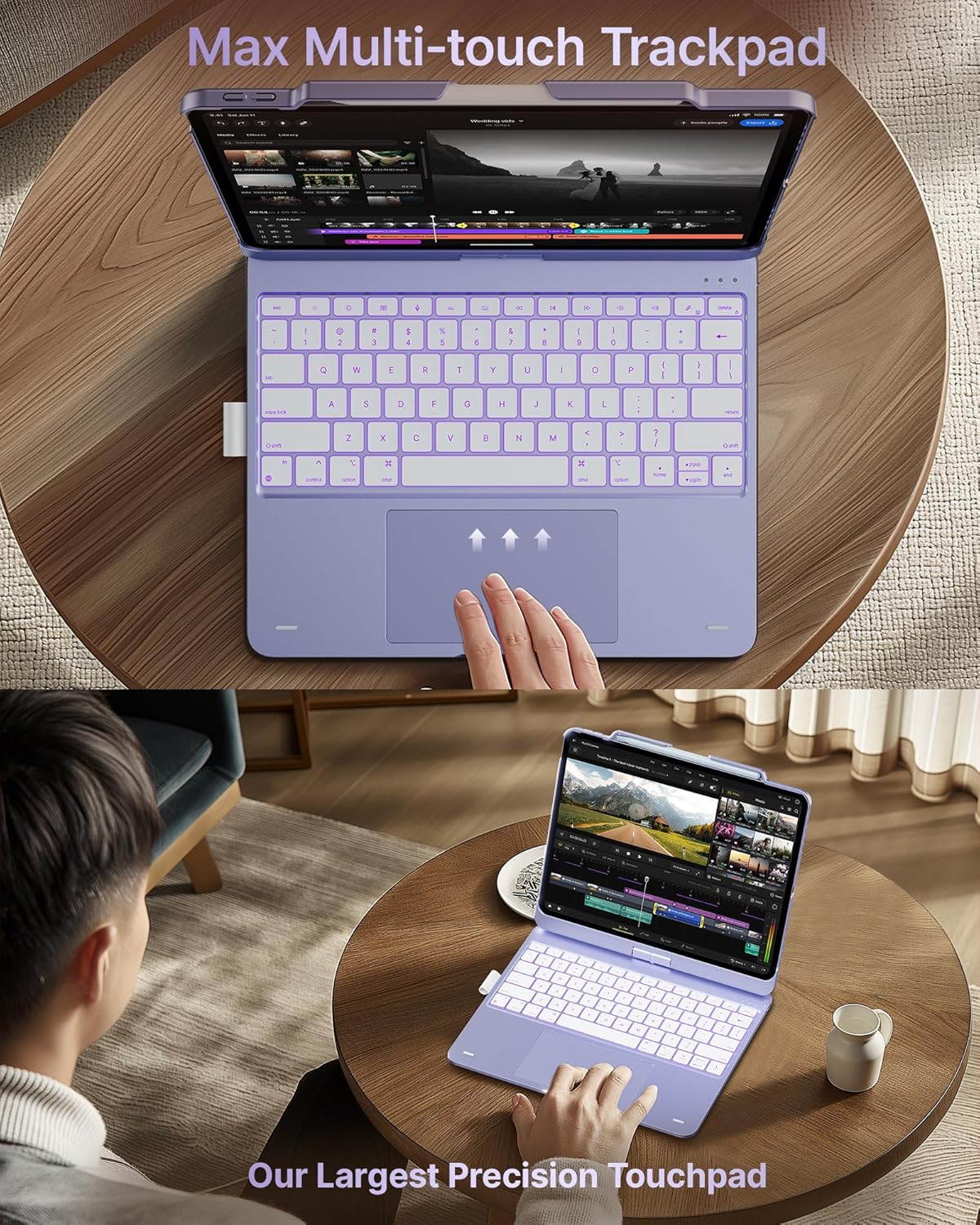 typecase Touch Case with Keyboard for iPad Pro 13"(M5/M4, 2025/2024), iPad Air 13"(M4/M3/M2, 2026/2025/2024) & iPad Pro 12.9", Trackpad, 360° Rotatable, 11-Colors Backlit, Pale Purple