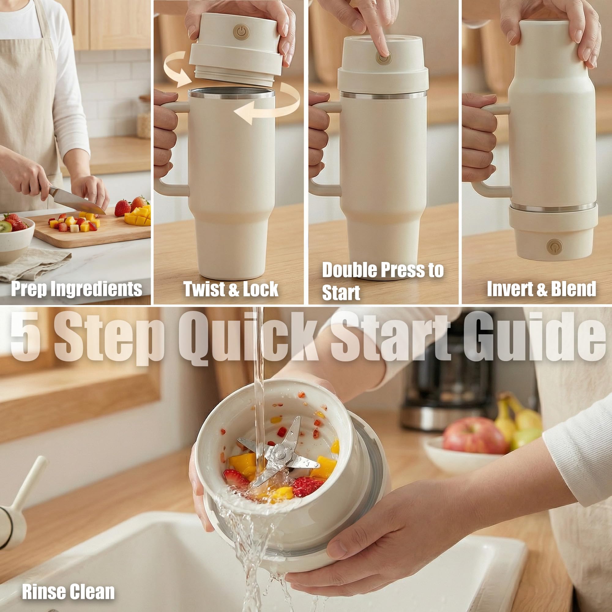 Richboyz Accessoire mélangeur portable pour gobelets de 887 ml et 1200 ml : mélangeur personnel rechargeable compatible avec la plupart des tasses à ouverture large de 8,9 à 10,2 cm pour smoothies et