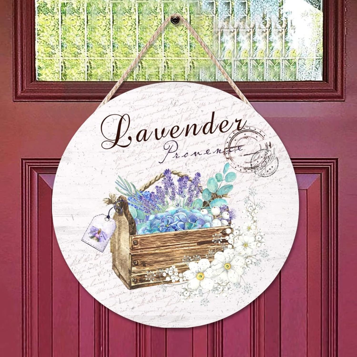 Lavender Wood Door Sign Custom Calligraphy Round Door Hanger Sign 16x16in Flower Wall Hanging Sign Plaque Farmhouse Front Porch Decor Housewarming Gifts