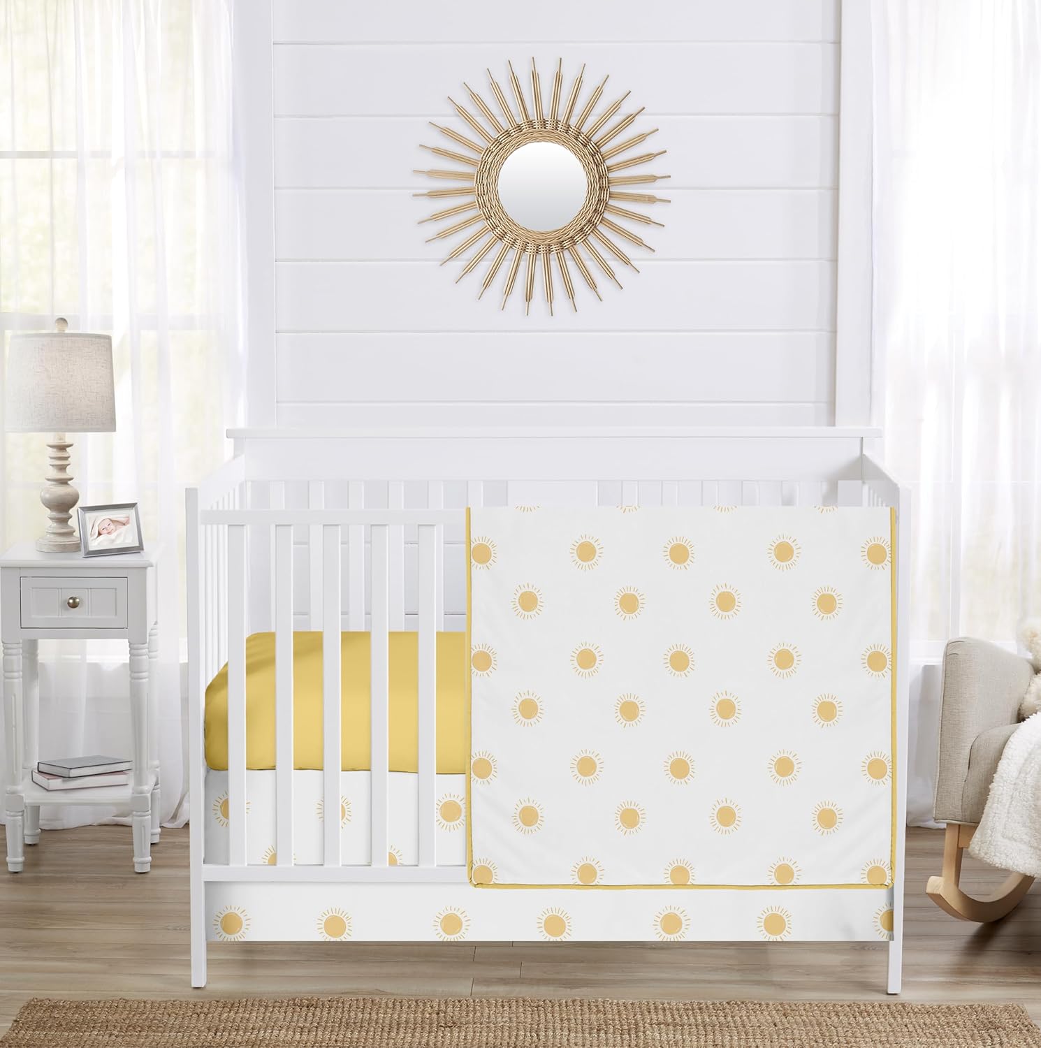 Sweet Jojo Designs 3-Piece Baby Crib Bedding Set (White and Yellow Boho Sun) for Girls or Boys, Infants/Nursery incl. Blanket, Fitted Sheet and Skirt (Celestial Sky, Desert, Sunshine, Outdoors Nature)