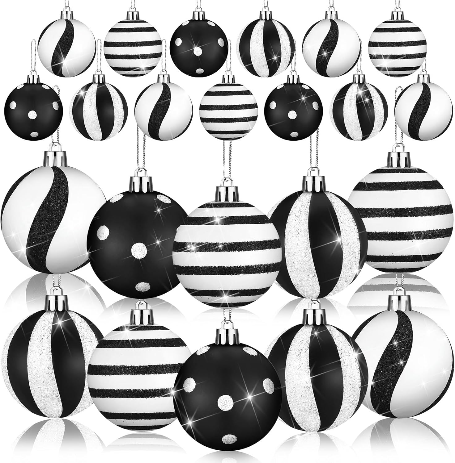 12 Pcs Black and White Christmas Ball Ornaments 2.36 Inch Xmas Stripe Dot Hanging Ornaments Plastic Glitter Tree Decorations for Christmas Halloween Holiday Party Tree Wreath Decoration