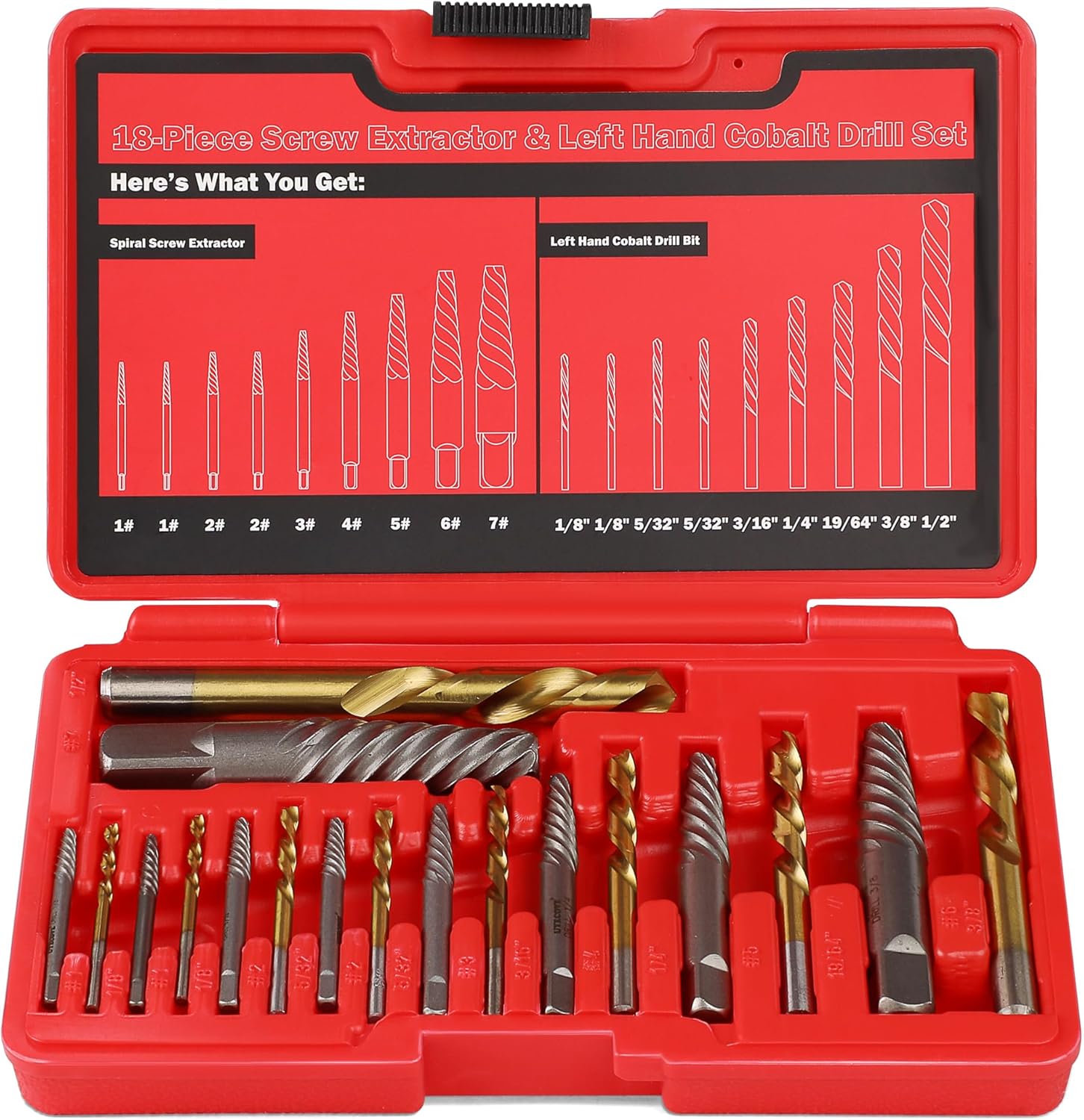 18Pcs Screw Extractor Set and Left Hand Drill Bits Set, Easy Out Broken Bolt Remover Reverse 35#CR-MO 6542/4341 HSS Steel Cobalt, Bolt Extractor Kit for Removing Stripped Screws, Damaged Bolts
