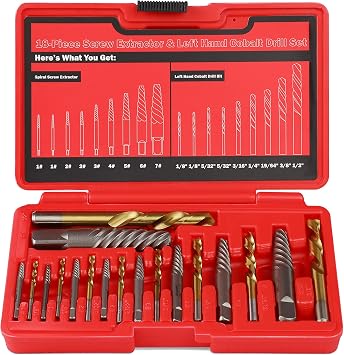 18Pcs Screw Extractor Set and Left Hand Drill Bits Set, Easy Out Broken Bolt Remover Reverse 35#CR-MO 6542/4341 HSS Steel Cobalt, Bolt Extractor Kit for Removing Stripped Screws, Damaged Bolts