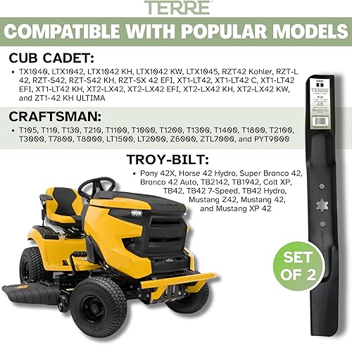 Vista 3 de Terre Products, paquete de 2 cuchillas para cortacésped de alta elevación, cubierta de 42 pulgadas, compatible con Cub Cadet RZT42, XT1, XT2