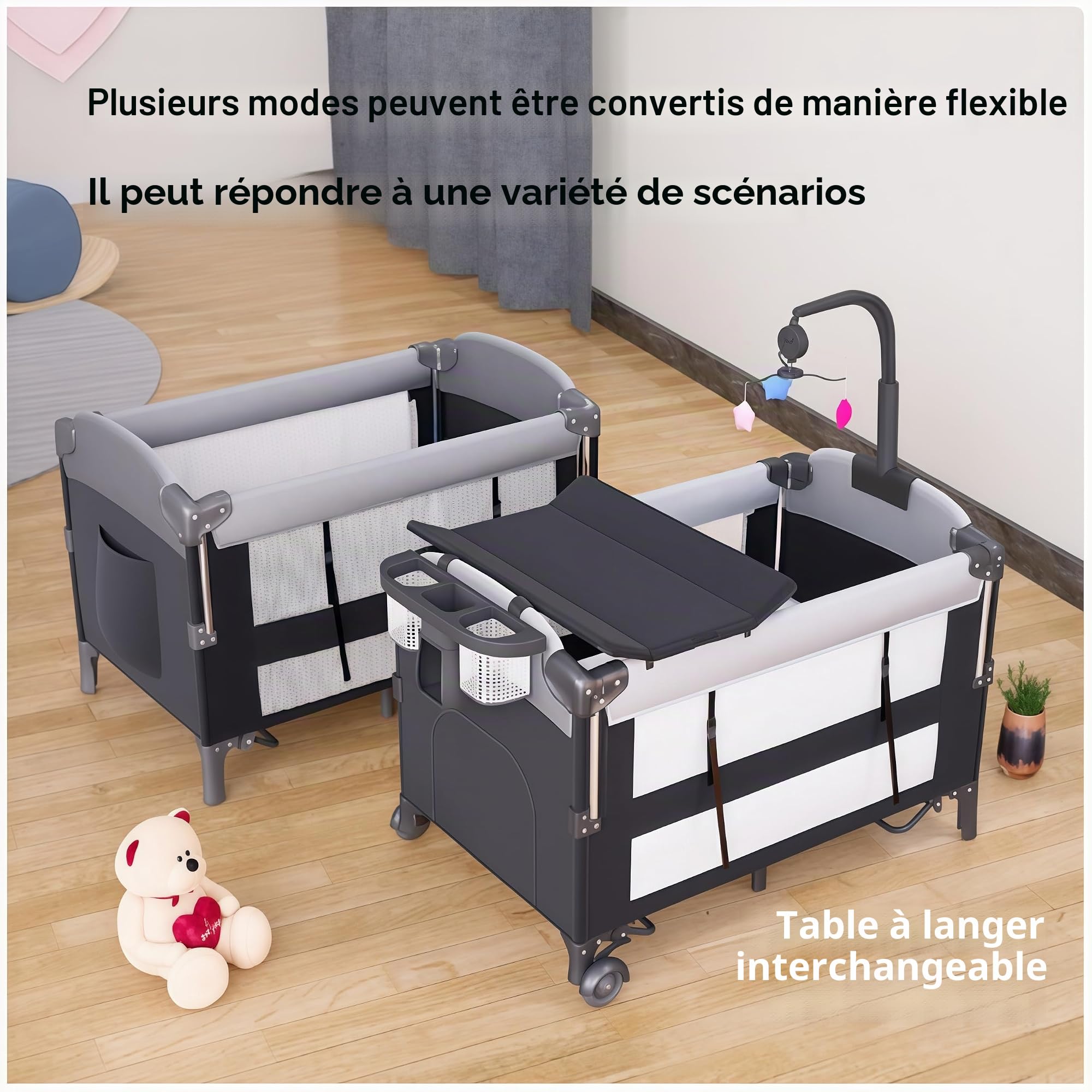 Lit Parapluie Bebe avec Matelas, Lit Bebe de Voyage Pliable et Convertible, Berceau Evolutif Next to Me, Berceau de Camping pour Enfant avec Moustiquaire (6602 Gris sans Filet)