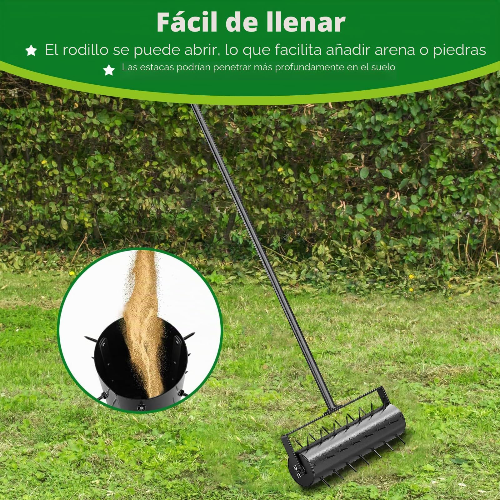 JAOGAUS Aireador y Escarificador de Césped Manual, Rodillo con Mango de Metal Extraíble Telescópico Ajustable de 3 Niveles, Clavos de 5 Cm, Herramienta Resistente para Jardín y Patios