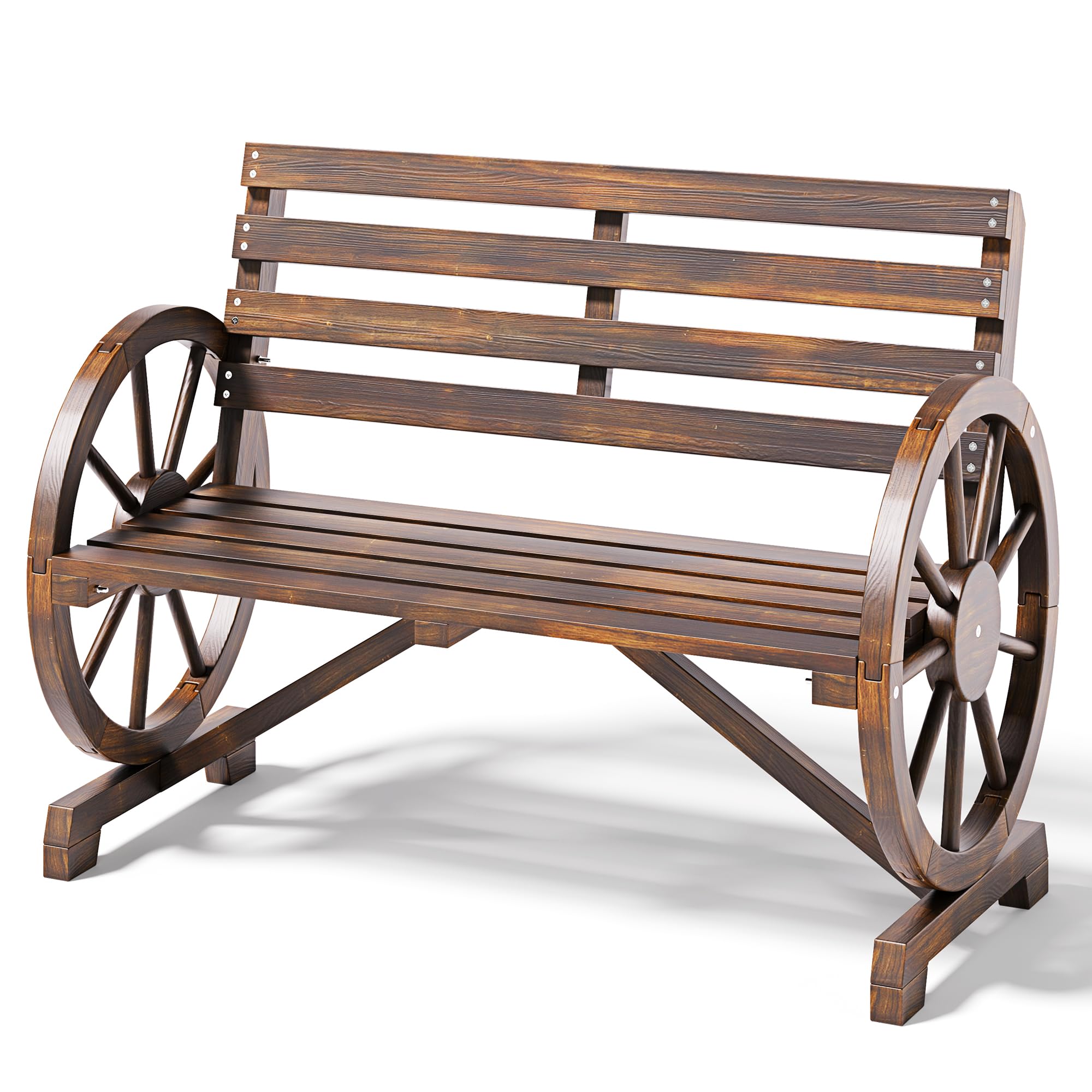 Banco de Exterior 2 Plazas, Madera de Cedro Macizo Resistente a la Intemperie, Reposabrazos en Forma de Rueda, Estilo Campestre, Carga 300 kg, para Patio Jardín Parque, 103x54x78 cm