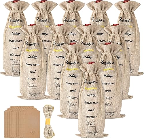 PEUTIER 12 bolsas de vino de arpillera, bolsas de regalo de vino de 25.4 fl oz con etiquetas, cordones reutilizables, fundas para botellas de vino