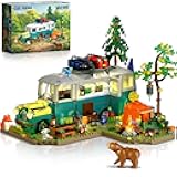 Wilderness Bus Building Set with Light, 1392PCS Camping Building Toy Kit with Removable Bus, Animals and Rich Accessories, Creative Home Decor & Display, Xmas Birthday Gifts for Adults Teens