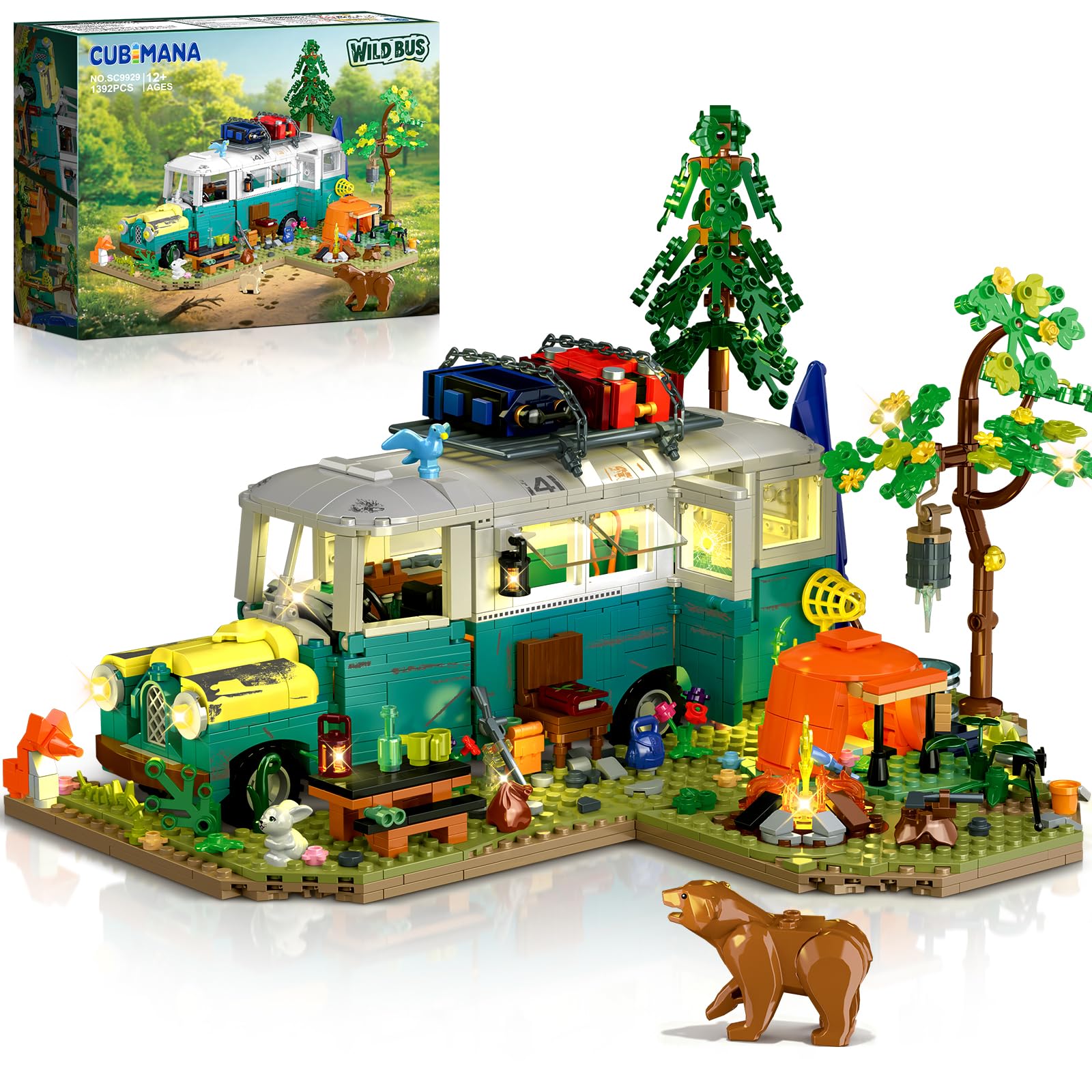 CUBIMANA Wildnis-Bus-Bauset mit Licht, 1392PCS Camping-Bauspielzeug-Set mit abnehmbarem Bus, Tieren und Zubehör, kreative Heimdekoration und Ausstellungsstück, Geschenk für Erwachsene und Jugendliche