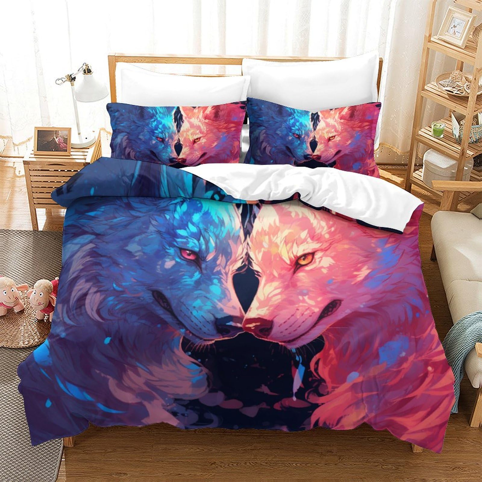 Housse de couette loup 3 pièces parure de lit douce pour adolescents et adultes