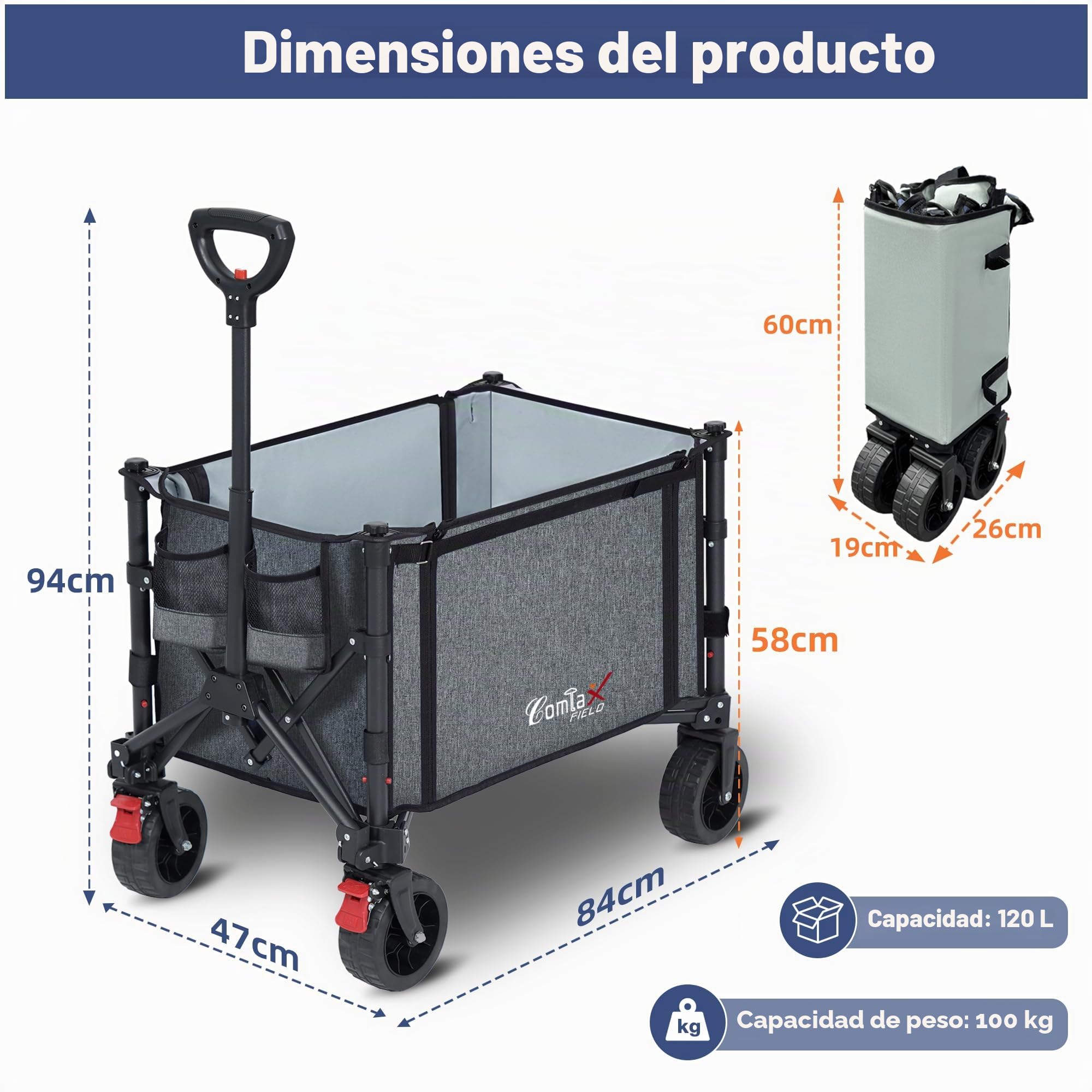 COMLAX FIELD Carro plegable con ruedas grandes para todo terreno, 120 l, 100 kg, plegable, con frenos, carrito de playa, para playa, jardín, camping, compras, color gris