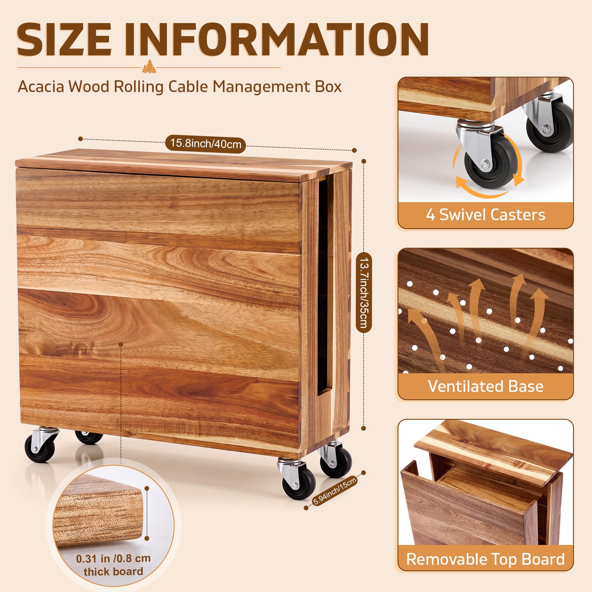 Briwooody Scatola di gestione dei cavi extra large con ruote girevoli, regolabile, per ciabatte, router in legno di acacia, protezione contro le sovratensioni, per ufficio, casa (colore legno)