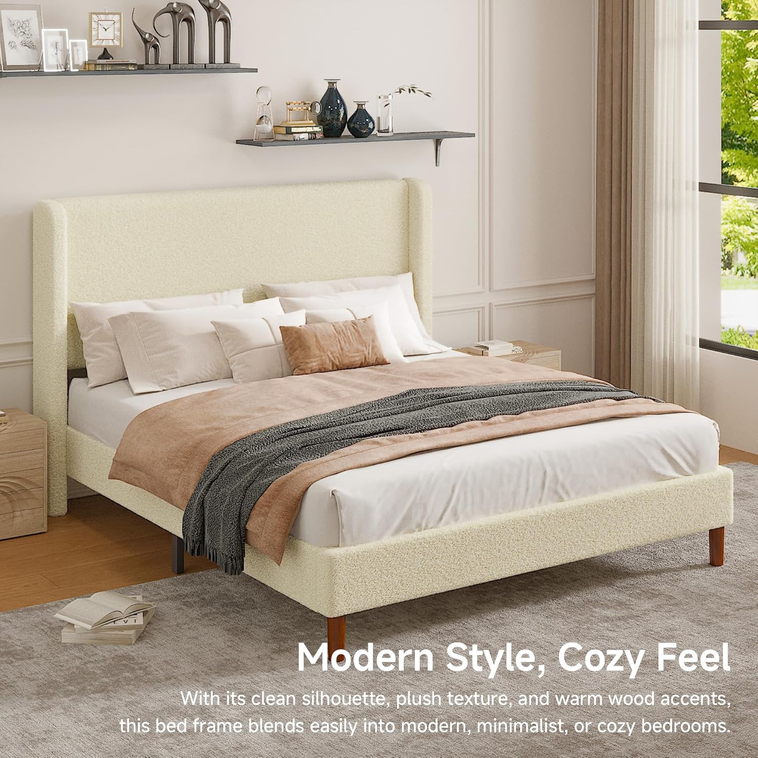 Queen Boucle Upholstered Platform Bed Frame with Adjustable Wingback Headboard, Cloud Bed with Solid Wood Legs, No Box Spring Needed, Easy Assembly, Beige
