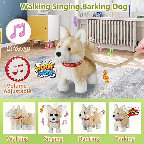 Miniatura 2 de Corgi - Juguete de ladrido para perros que camina, canto musical, control de volumen, interactivo para cachorros junto con correa, agitando la cola