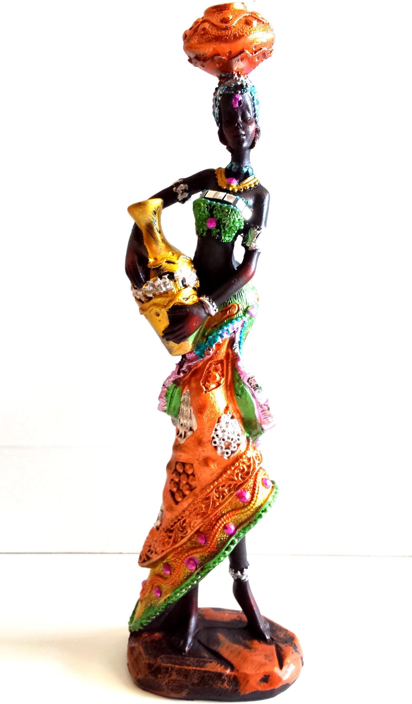 African Tribal Women Home Decoration Statue Sculpture Figurine 8.5" Inches (Green)