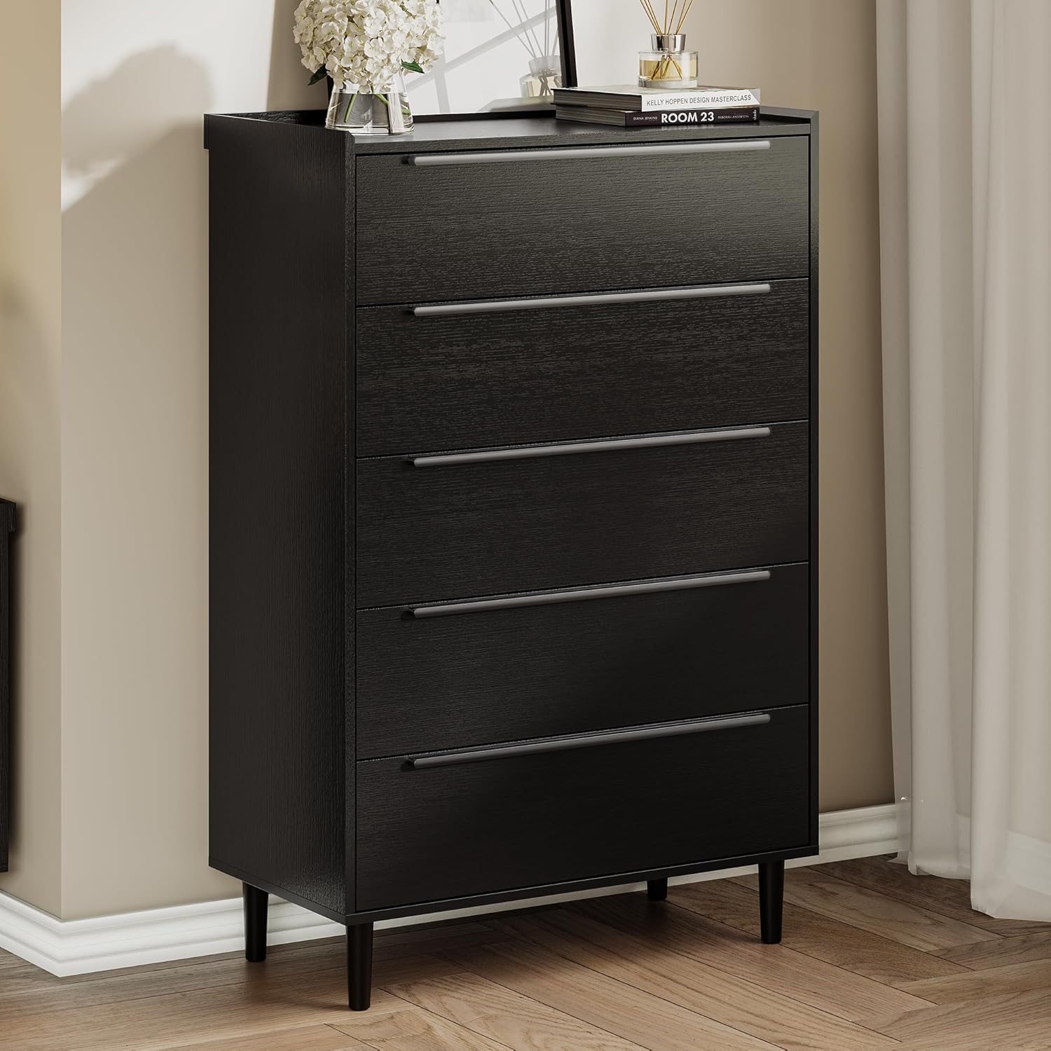 32" Wide Black Dresser, 48" Tall Modern 5 Drawer Chest of Drawers with Wood Grain Finish, Slim Vertical Storage Cabinet with Raised Edge & Anti-Tip Kit