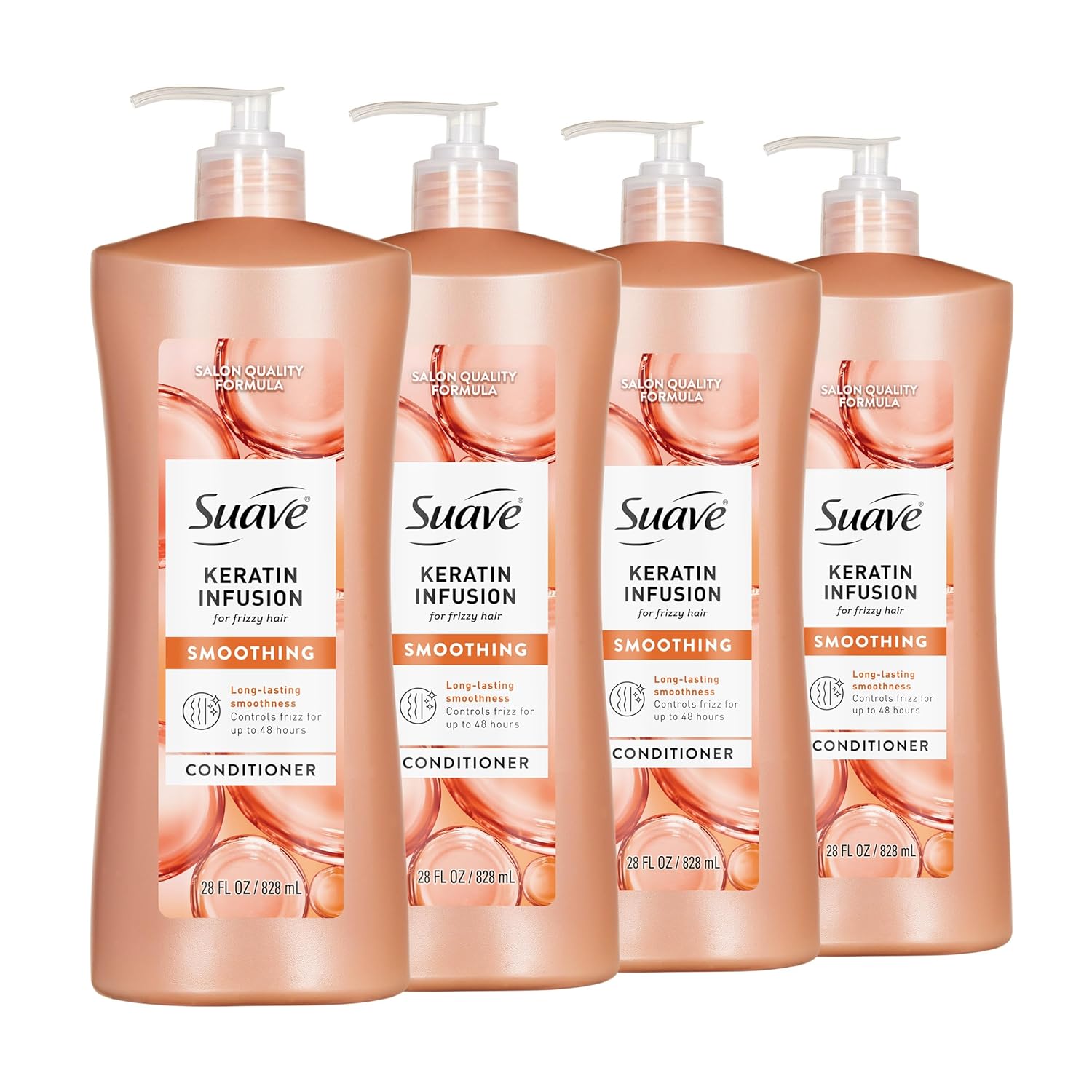 Suave Keratin Infusion Smoothing Conditioner For Frizzy Hair, Anti-Humidity & 48HR Frizz Control, Smooths & Detangles for Easy Styling, 28 FL OZ Pump, 4 Count