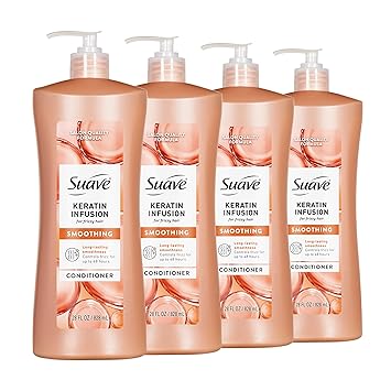 Suave Keratin Infusion Smoothing Conditioner For Frizzy Hair, Anti-Humidity & 48HR Frizz Control, Smooths & Detangles for Easy Styling, 28 FL OZ Pump, 4 Count