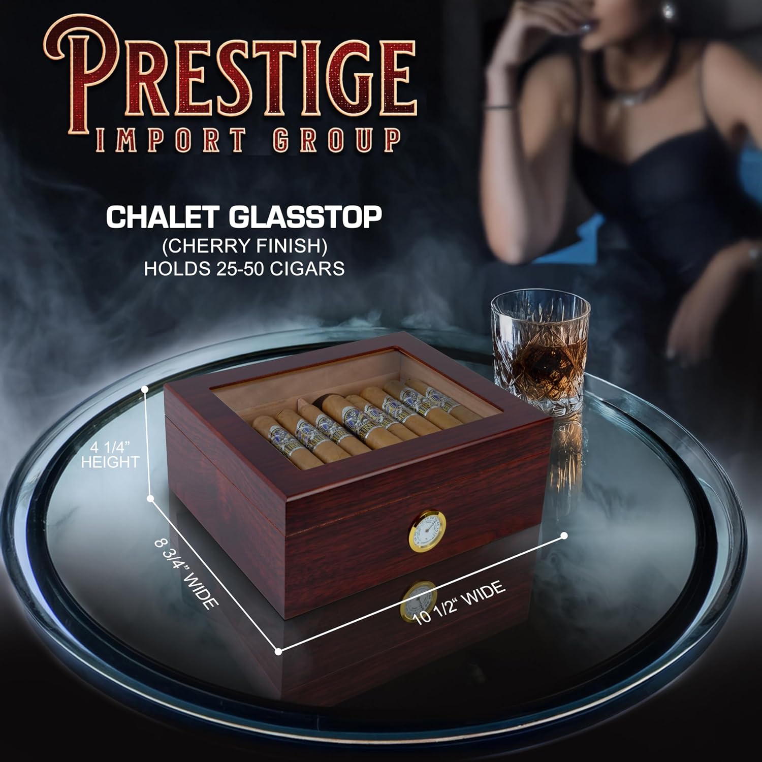 Prestige Import Group Chalet Glass Top Desktop Cigar Humidor with Hygrometer and Humidifier - Capacity: 20-50 - Color: Cherry