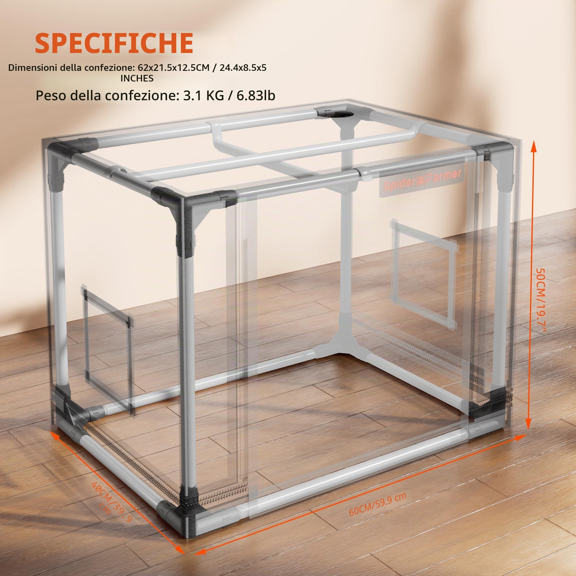 Spider Farmer Piccola tenda per aerogard, 60 x 40 x 50 cm, con porta roll-up, lamiera di fondo rimovibile, tessuto mylar 2000D, per sistema di coltivazione idroponica SmartG12