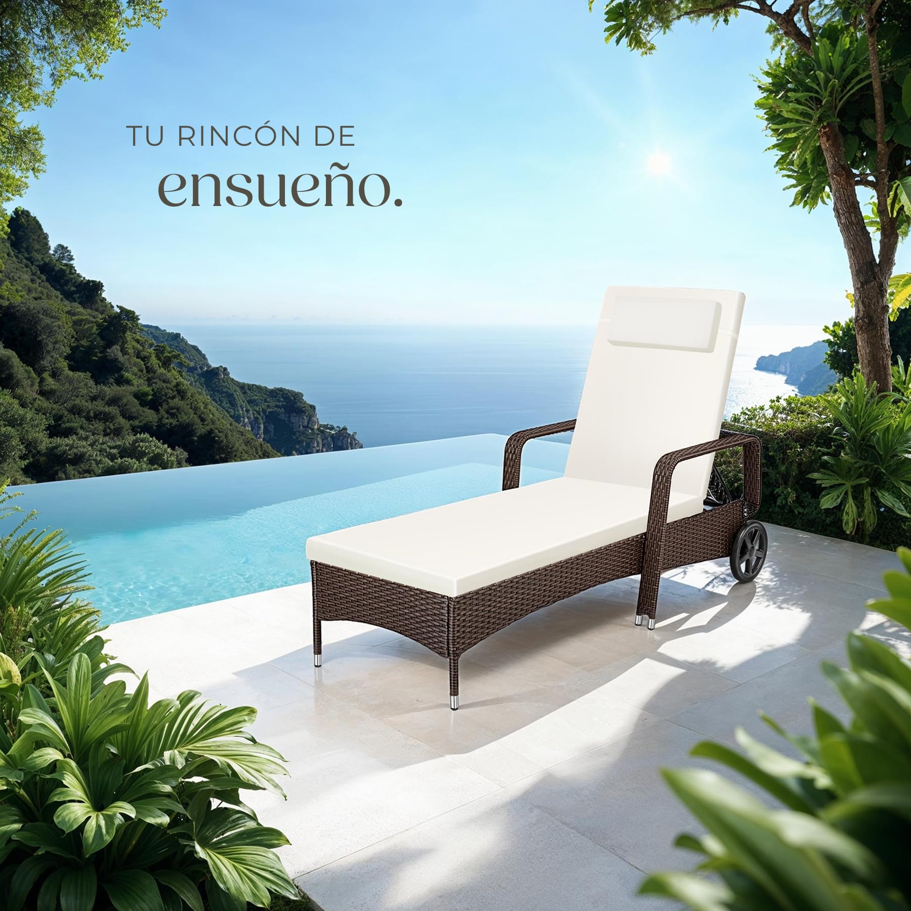 tectake®, Tumbona Chaise Longue, Ajustable de Poliratán con Ruedas, Mueble Exterior Sofa Acolchado para Jardín y Terraza, 6 Posiciones, Fácil de Limpiar, Moderno, Hamaca de Jardín - Marrón/Blanco