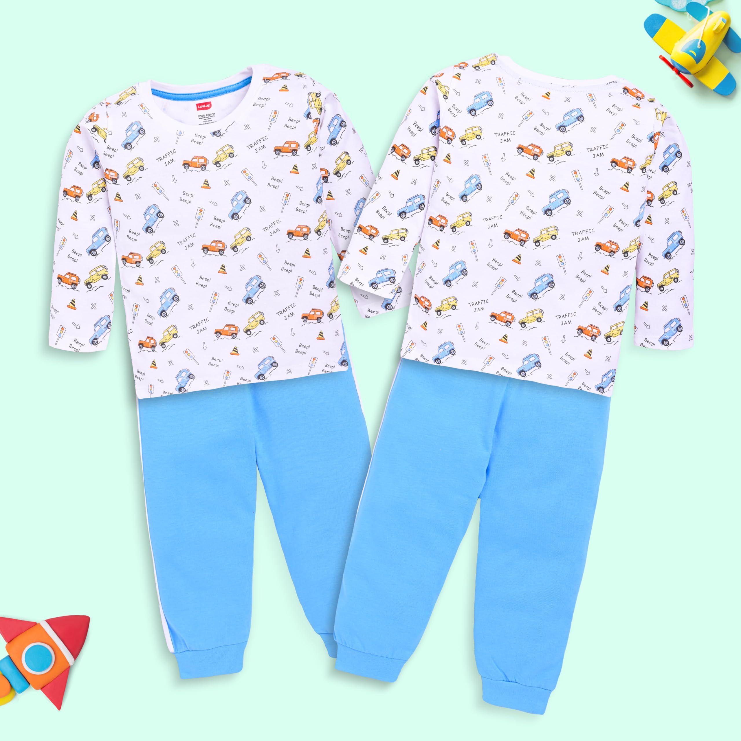 LuvLap Baby Boys 100% Cotton Full Sleeve Boys T-Shirt & Pyjama Sets, Pack Of 03 Powder Blue, White, Saffron 3 to 6 months - Image 2 thumbnail