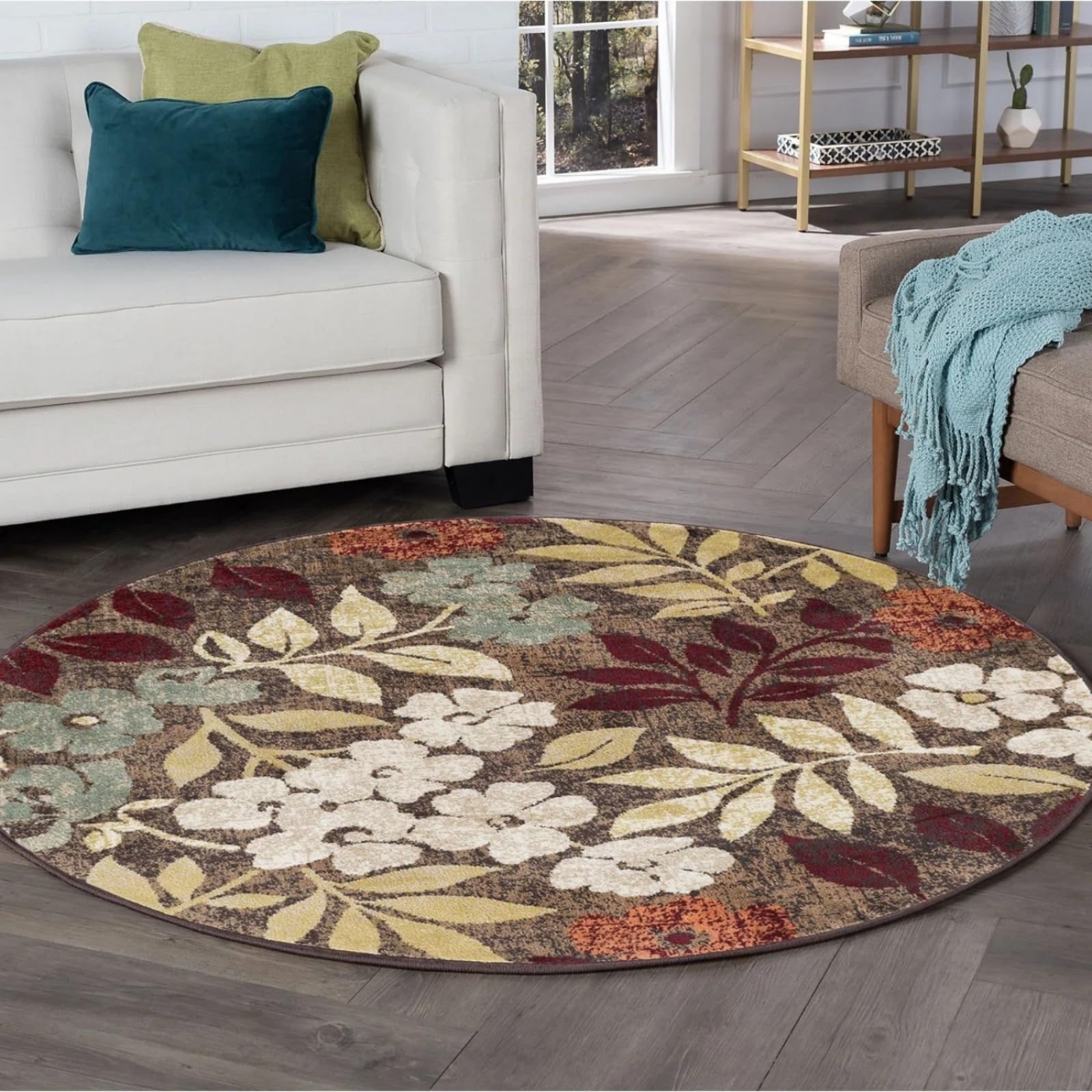 Tapis Rond Salon 200 cm Feuilles Rouges Doux moquette Durable Lavable