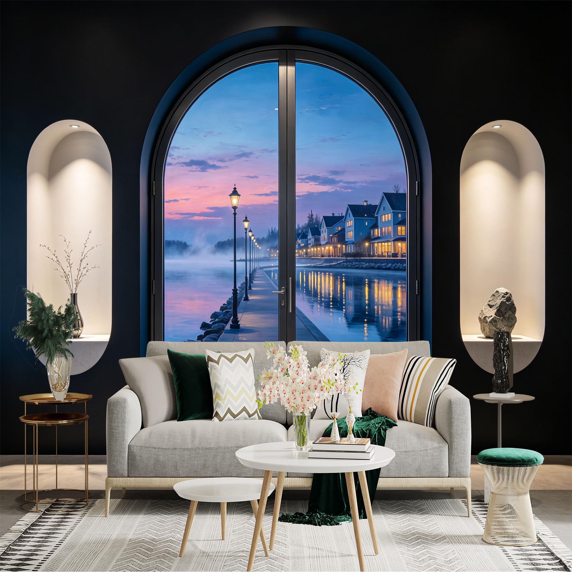 Custom Size Wall Sticker Mural， Lakeside Pier at Sunset， Coastal Village and Water Reflection， for wall Decoration， peelandstick wall Decals.