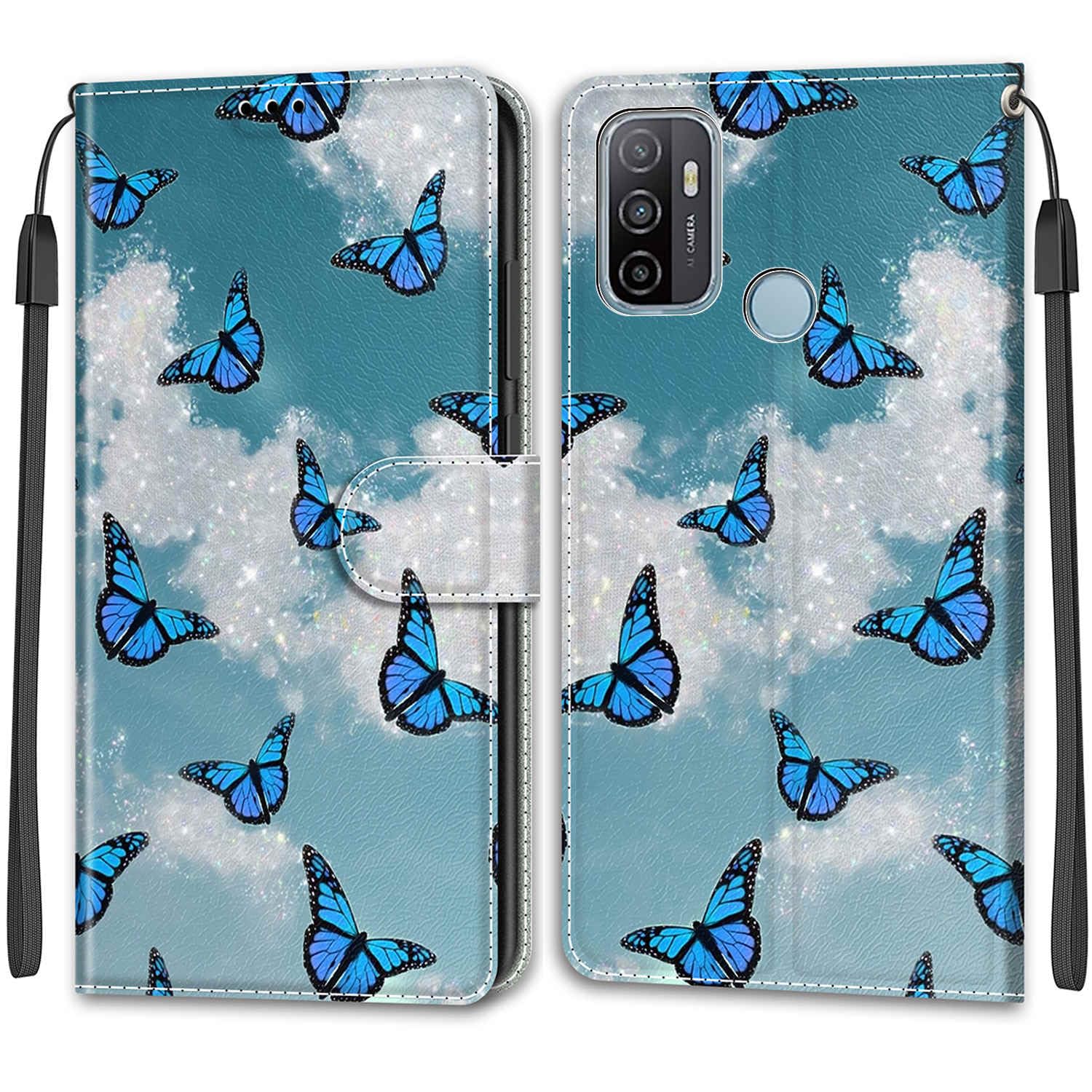 IMEIKONST Custodia per OPPO A53 2020, Cover Pelle PU Mandala Goffratura Flip Portafoglio con [Portacarte] [Chiusura Magnetica] Protettiva per OPPO A53S / A33 2020 / A32. Sunflower Blue KT