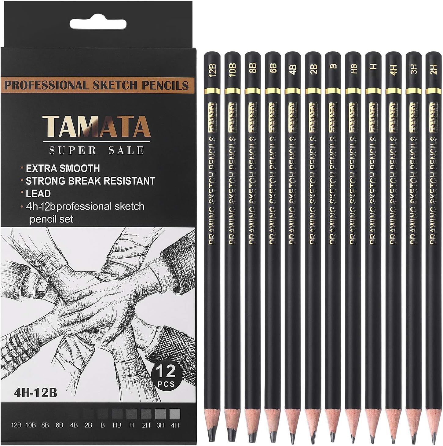 TAMATA Professional Drawing Sketching Pencil Set - 12 Pieces Art Graphite Pencils(12B - 4H), Ideal for Drawing Art, Sketching, Shading, for Beginners & Pro Artists
