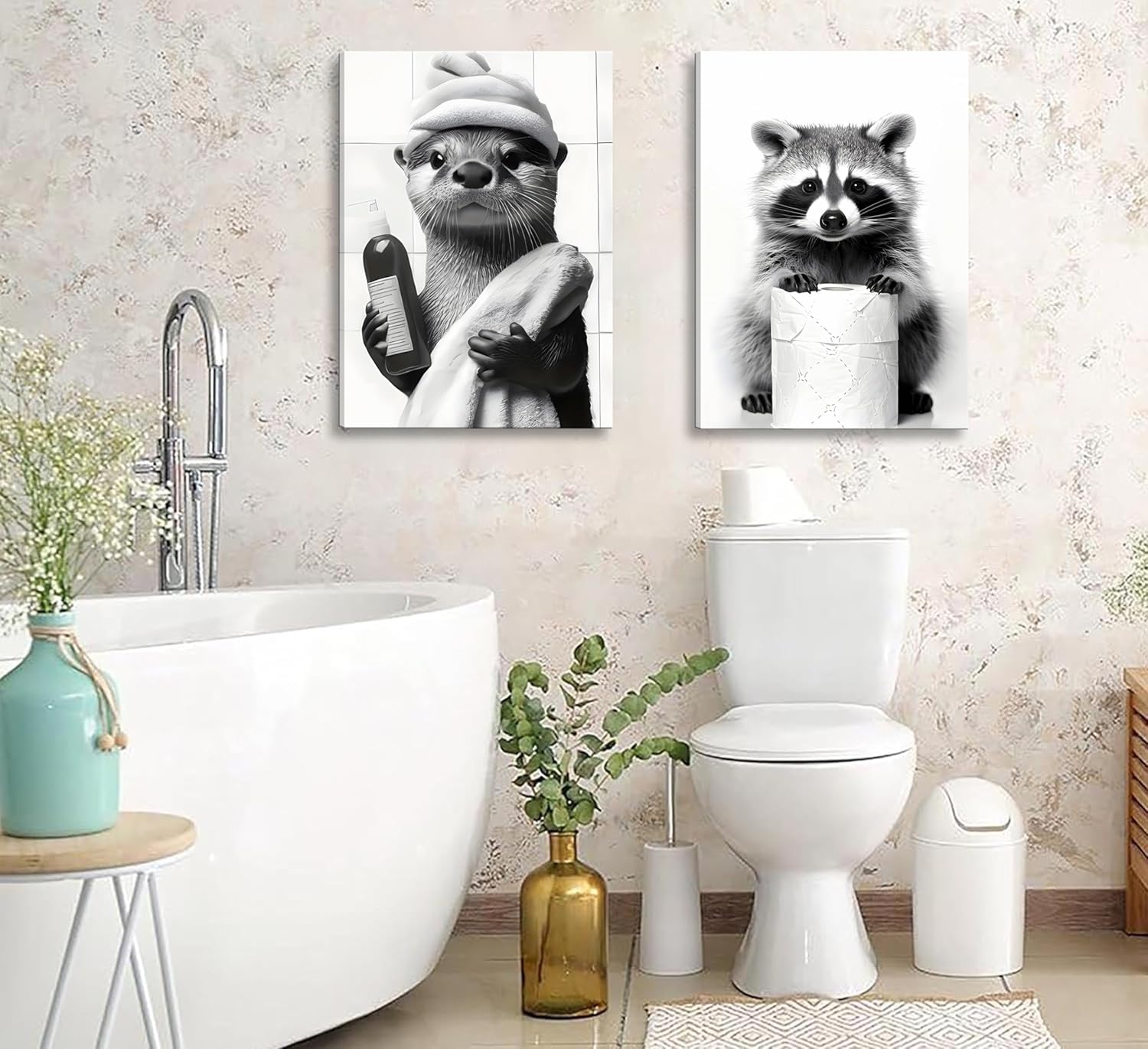3Pcs Framed Black and White Animal Bathroom Wall Art Humor Bear Bathing Posters Prints Interesting Bathrobe Water Otter Picture Painting Cute Raccoon Wall Decor for Bathroom Washroom laundry room